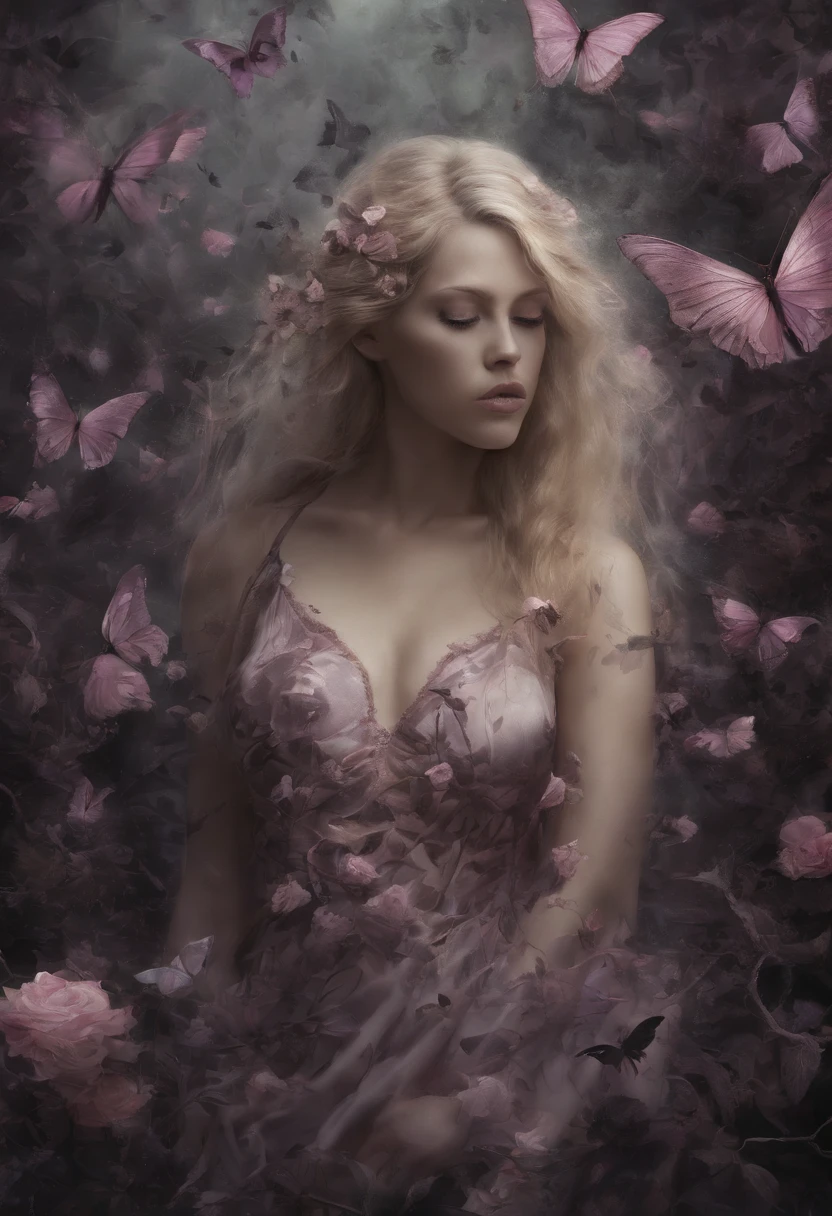 A woman with a big bust wearing invisible clothes, portraits, oil painting style, vibrant colors, natural lighting, high-res, ultra-detailed, with beautiful detailed eyes and lips, flowing blond hair, confident and seductive expression, standing in a lush garden surrounded by blooming flowers and colorful butterflies. The woman's invisible clothes give her an ethereal and mysterious appearance, with subtle hints of her body contours. The garden is filled with sunlight, casting soft shadows and creating a heavenly atmosphere. The flowers are in various shades of pink, purple, and yellow, creating a visually appealing and harmonious color palette. The butterflies flutter around the woman, adding movement and whimsy to the scene. This artwork aims to capture the beauty of femininity, sensuality, and the enchantment of nature.