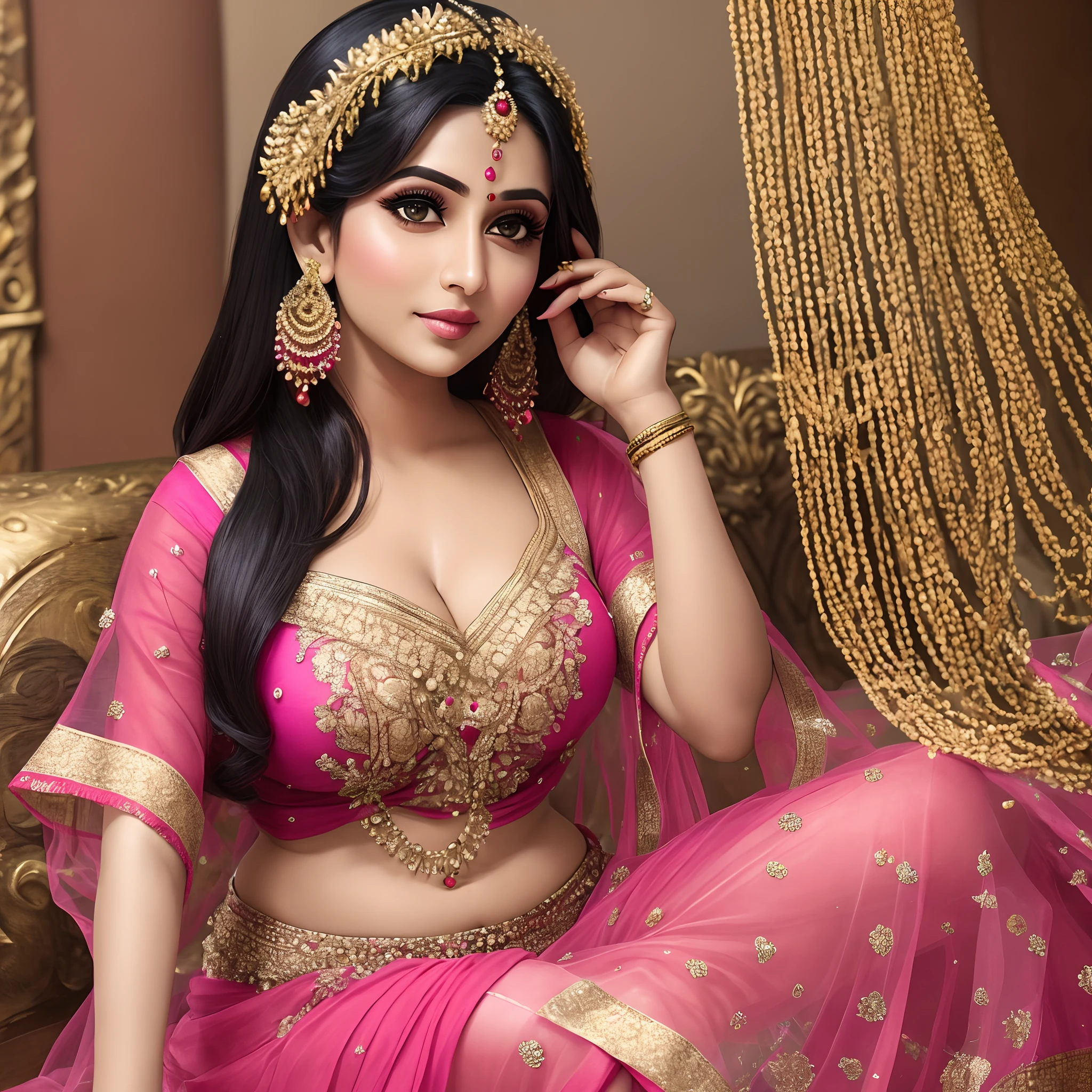 a Bangladeshi fat woman in a pink transparent Blouse and Petticoat sitting on a couch, Bangladeshi actress, Joya Ahsan, dressed in a transparent petticoat, traditional beauty, wearing bihu dress mekhela sador, wearing transparent blouse, wearing a transparent petticoat, veils and gold jewels, sari, very beautiful elegant style, festival of rich colors, traditional transparent dressing, very beautiful, traditional makeup, Bangladeshi style, Cleavage, breast, lips, long black hair, legs, Joya Ahsan face, Joya Ahsan body ((Joya Ahsan)), ((Totally naked)) --auto --s2