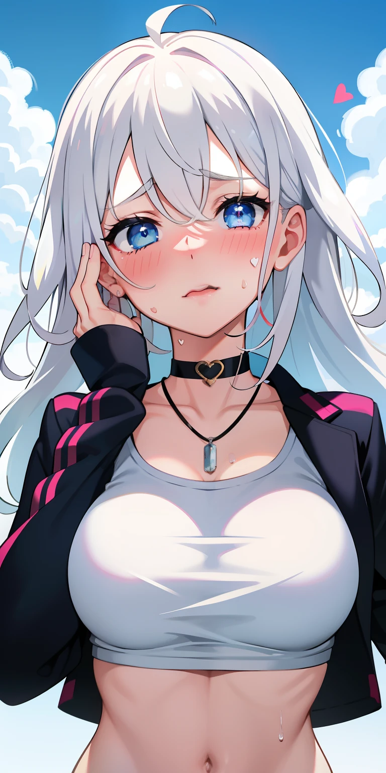 1girll,Heart-shaped pupils,finger nails,hand on own face,White hair,Sky blue eyes,(Blush:1.1),choker necklace,sobu,full bodyesbian，Trembling,Sweat,drops of sweat,Heart,(speed-line:1.1),Medium breasts, ((rough breath:1.3)), Love, Heart, Crop top, cheerfulness, high and cold，4K high quality