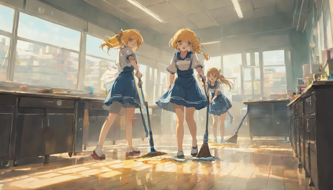 2 girls classroom school uniform mopping the floor cleaning windows