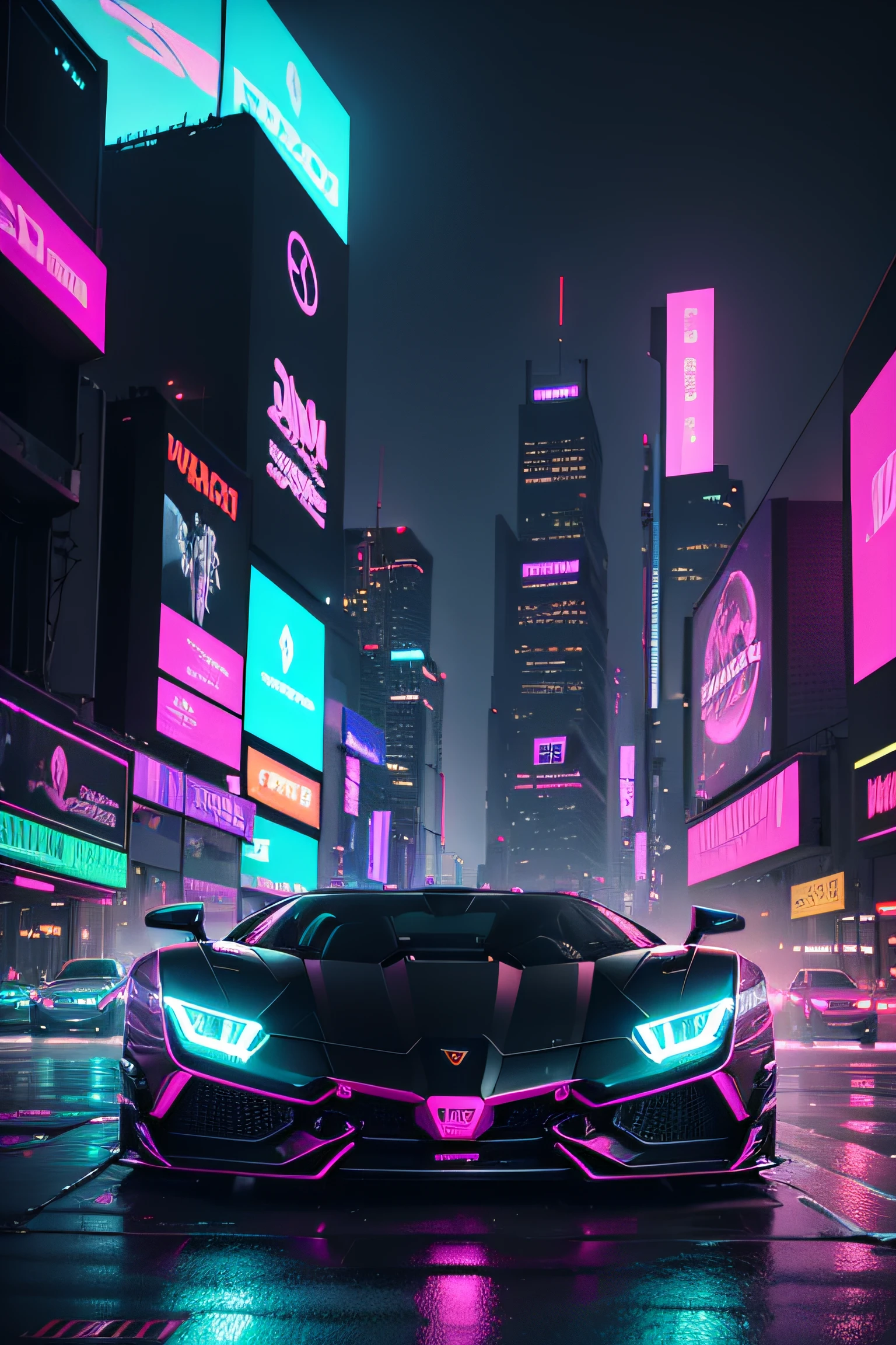 2025 black and pink Lamborghini car front view futuristic after market body kit with neon lights, parked in a futuristic city with neon lights, ultra wide image 180 degree field of view, cyberpunk, retrofuturism, cyberpunk, neon city in the background, cyberpunk with neon lighting, in cyberpunk city, in a futuristic cyberpunk city, detailed neon cyberpunk city, cyberpunk city, cyberpunk cityscape, hyper realistic cyberpunk city, neon rainy cyberpunk setting in times square new york