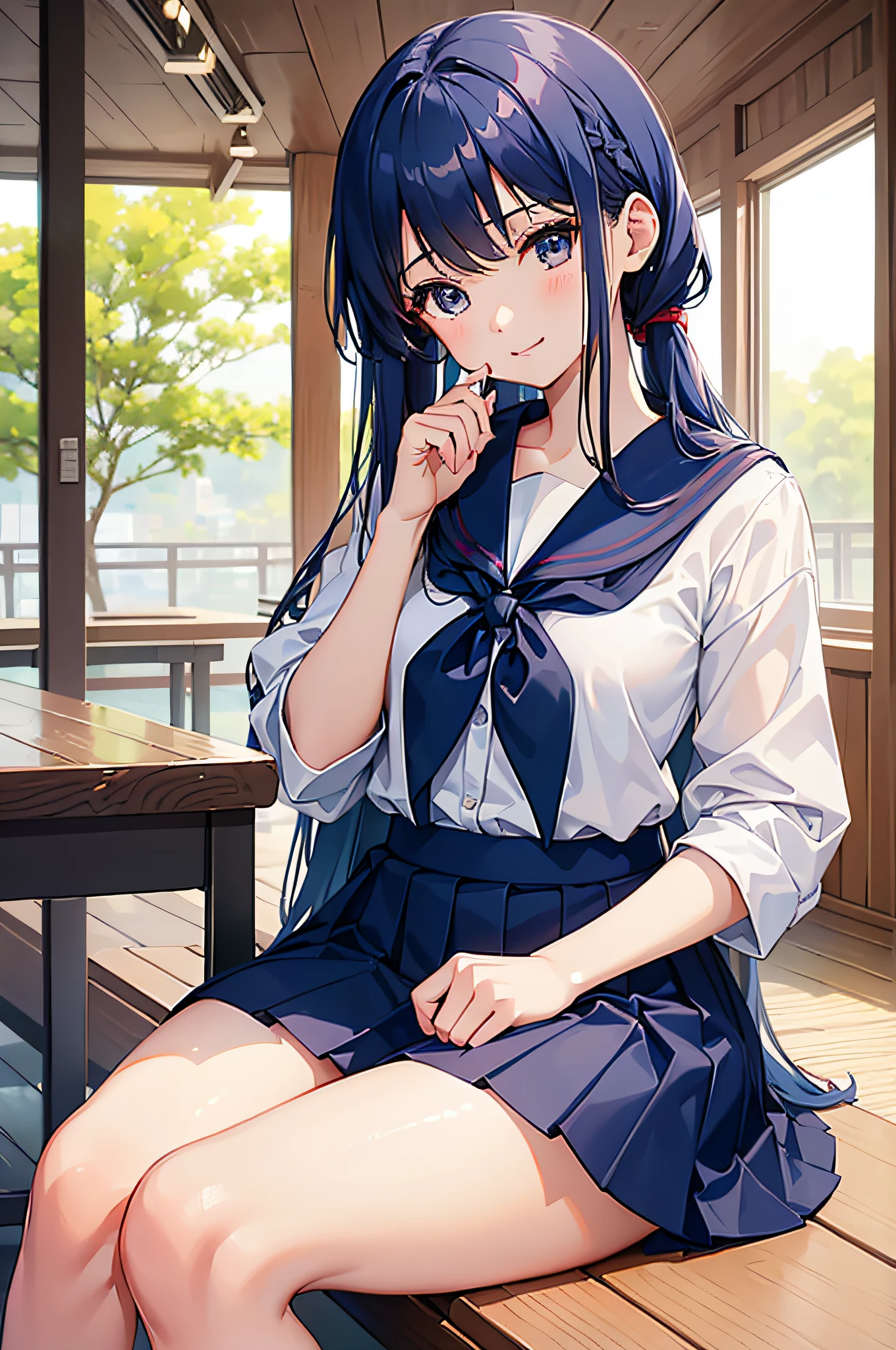 1 girl in、Cute Beautiful Girl、((Show off your thighs))、(Japan schoolgirl uniform)、(in a white shirt)、((Navy blue micro mini skirt))、(Flipping skirt)、(lightblue hair)、(17 age)、summer clothing、lightsmile、sitting on、(Opening legs)、the pose、(school classrooms)、top-quality、photos realistic