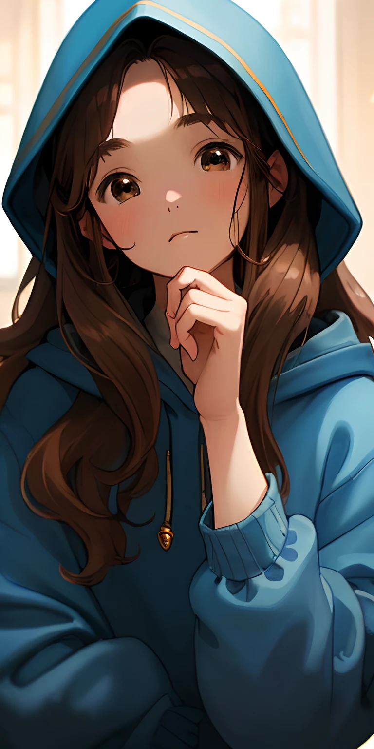 (​masterpiece、top-quality)、long brown hair、Put your hands under your chin、Warm lighting、Blue Hoodie、without background