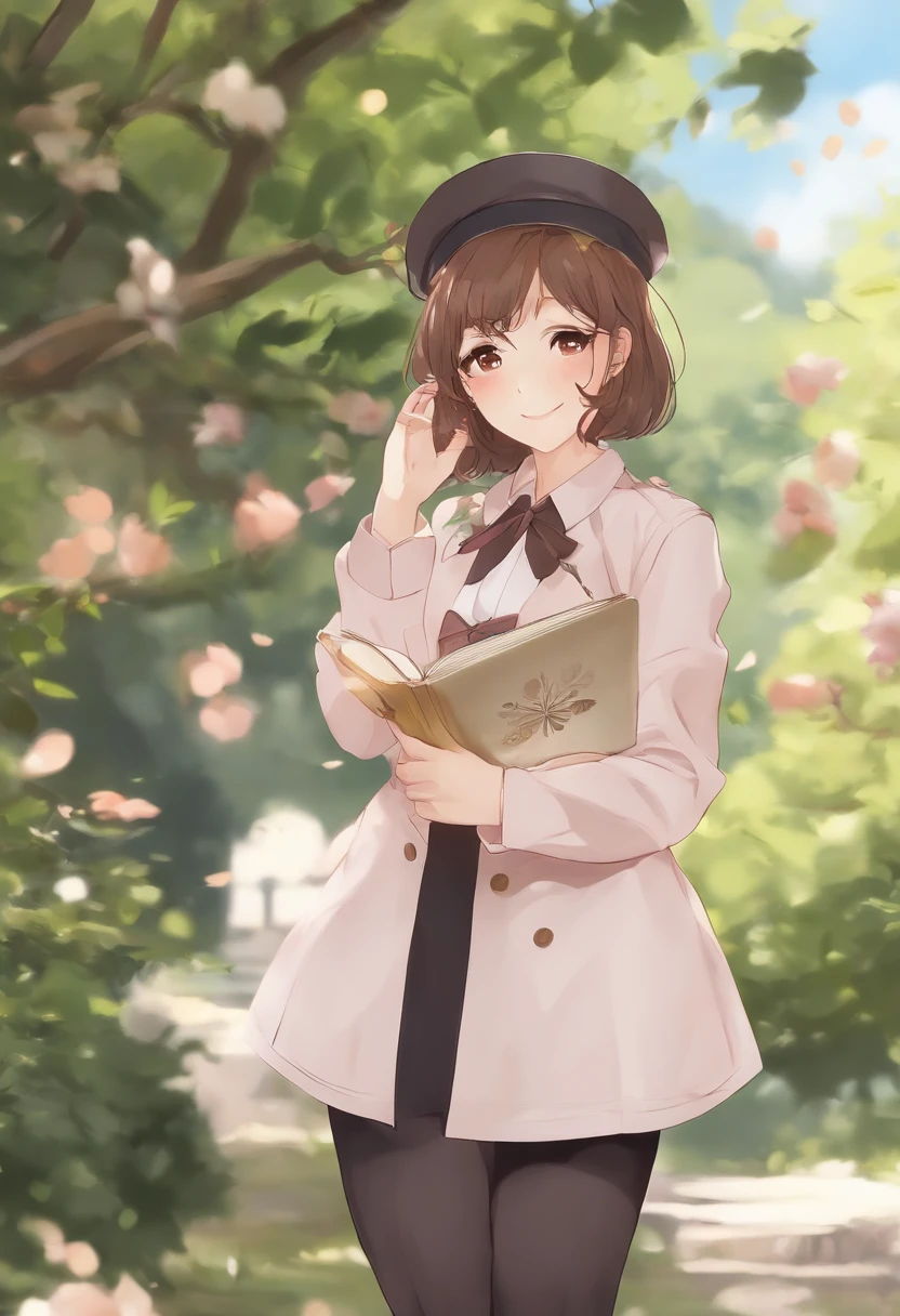 (Daisaku),(Need),(Super meticulous),(full bodyesbian:1.2),1girl,tchibi,adolable,Open-mouthed,ssmile,florals,exteriors,Hold the pen left and right，Hold a book in your right hand,Music,Pink berets,Manteau,black long pants,Blushlush,The tree,:3,The shirt,short detailed hair,SakuraNS,pink headwear,Blurred,brunette color hair,Blush stickers,longer sleeves,By bangs,Earphone,brunette color hair,pinkflower,(beautiful  detailed face),(美丽细致的眼睛),