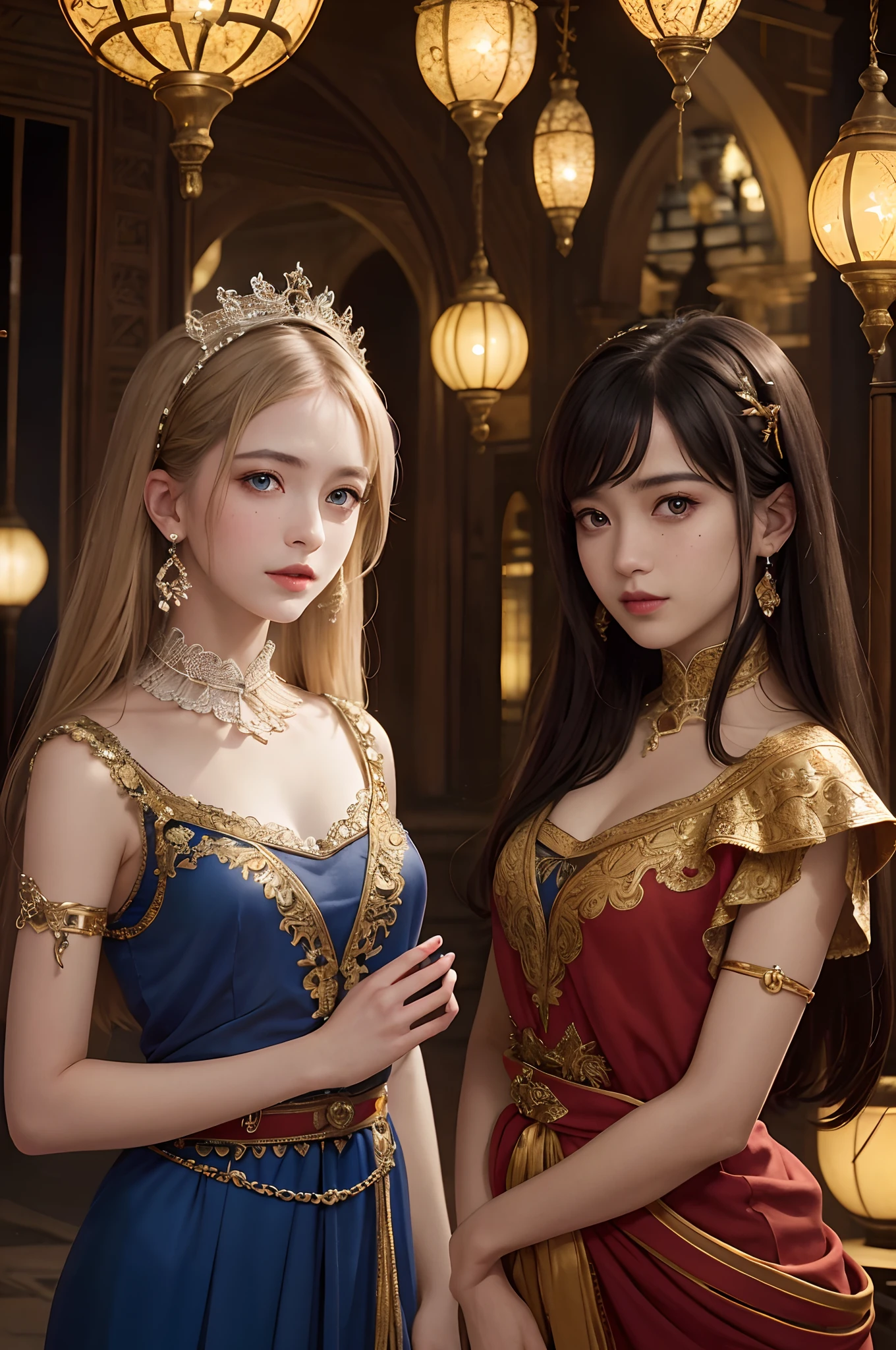 primitive, (((Two concubines,duo,caressing the))),Nikon Z 85mm, award-winning glamorous photography,((Best quality)), ((Masterpiece)), ((Realistic)), 18th century, Vintage image, Beautiful Arab woman wears, Lace dress, Wearing a crown, 25 years, (Long brown hair), Brown eyes, (Large breasts), Sit in a Turkish palace, Mysterious palace in the background, small, ((Small breasts)), Innocent, Flower pedal in the air, ((freckle)), Intricate details, Highly detailed, Sharp focus, professional, 4K, spring flowers blooming, divine rays, Hand model, stunning blue eyes, small, Delicate, Innocent, high resolution, Detailed facial features, High detail, Sharp focus, smooth, Aesthetic, Extremely detailed, photore_\(Supergianthugebreasts\), Photorealistic, Realistic, Post-processing, Maximum detail, Roughness, Real life, Ultra photo realsisim, Photorealism, Photography, 8K  UHD, Photography, light SEMI-SILHOUETTE, Arabian face