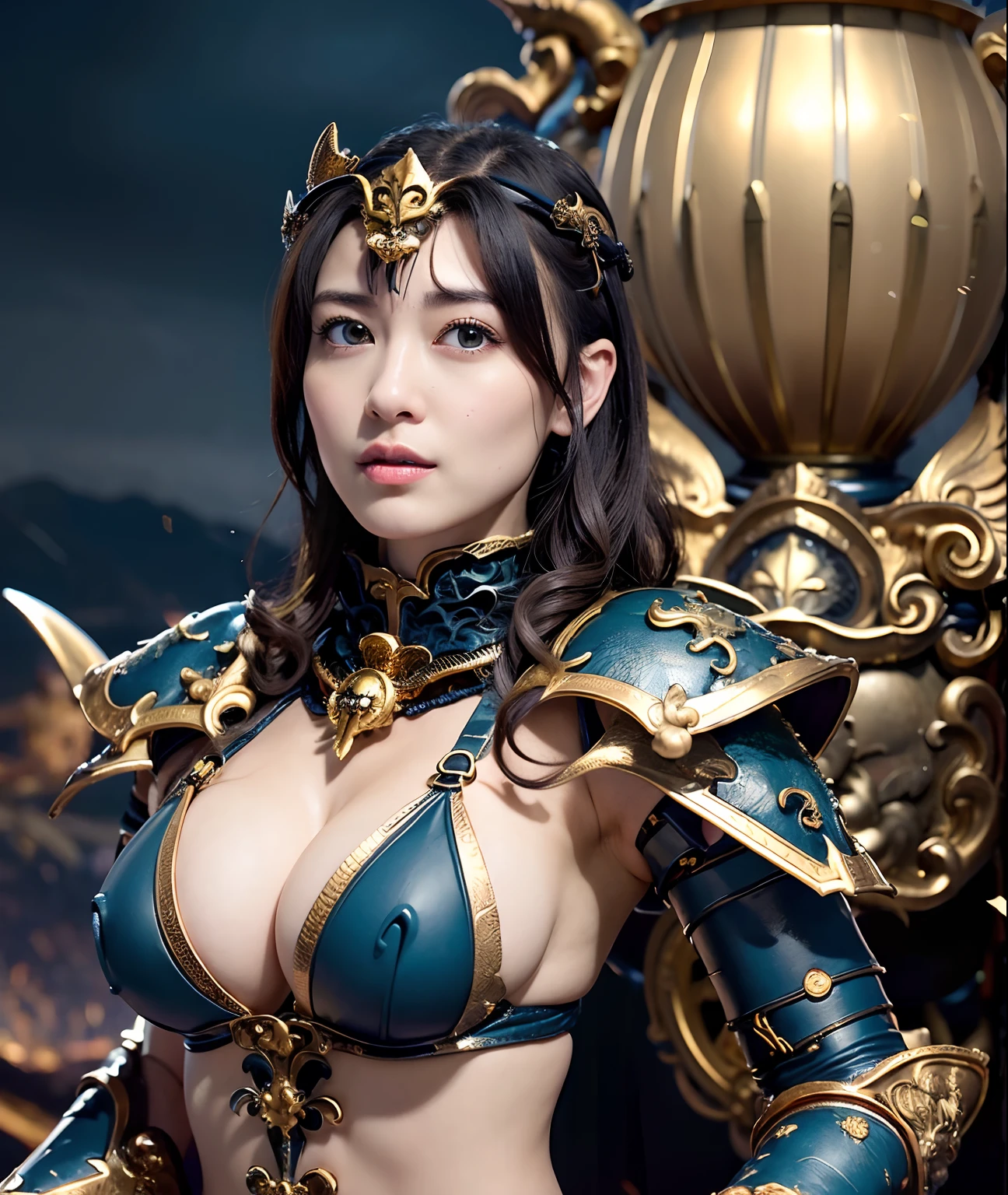 Professional , masterpiece、top-quality、photos realistic , depth of fields 、(Dragon Black Metal Body:1.9),(Matte Blue Black、(cleavage of the breast)、Dragon Gold Weapon、(Micro Bikini Armor:1.4),Gorgeous gold weapons ,(Fight dragons)、Seductive look、(( Dragon's dense and gorgeous sword)) , (demonic wings) ,Detail and gorgeous crown、((a blond))、(Castle background)、((Gangle's forest background))、Beautiful Caucasian beauty、1a person、dynamic ungle,(((Detailed and ornate dragon helmet)))、Smaller head、A smile、Castle background、Thin and beautiful female hands、cleavage of the breast、Soldier in iron armor on background、Mystical expression、Light Effects、intense fighting、Wind-effect、magic circles、With the legendary magic wand、Dragon's tail、explosions、