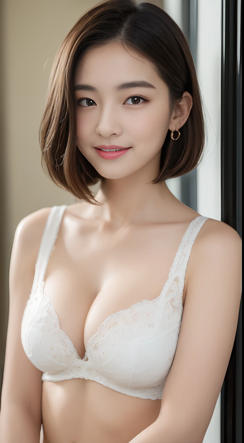 ((Best quality, 8k, Masterpiece :1.3)), 1girl, beautiful woman with emphasis on slim abs: 1.3, (casual hairstyle, big breasts: 1.2), casual wear: 1.2, interior, ultra-detailed face, delicate eyes, double eyelids, soft breasts, smile, exposed cleavage