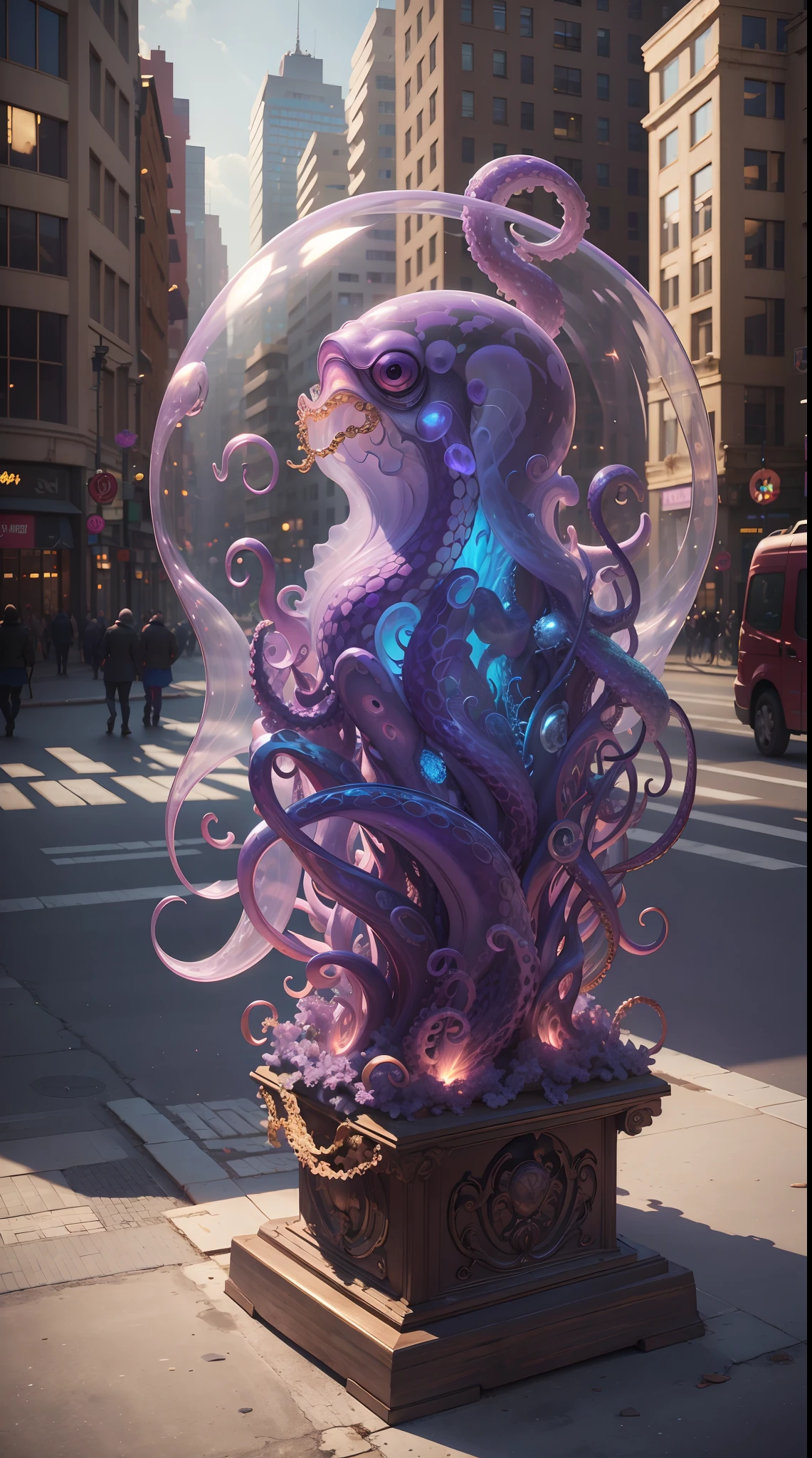 Masterpiece, Best quality, [(Purple translucent octopus)+(((Vitreous skin)))] ,starlights，In the city，Photorealistic, high resolution, Detailed, Sharp focus