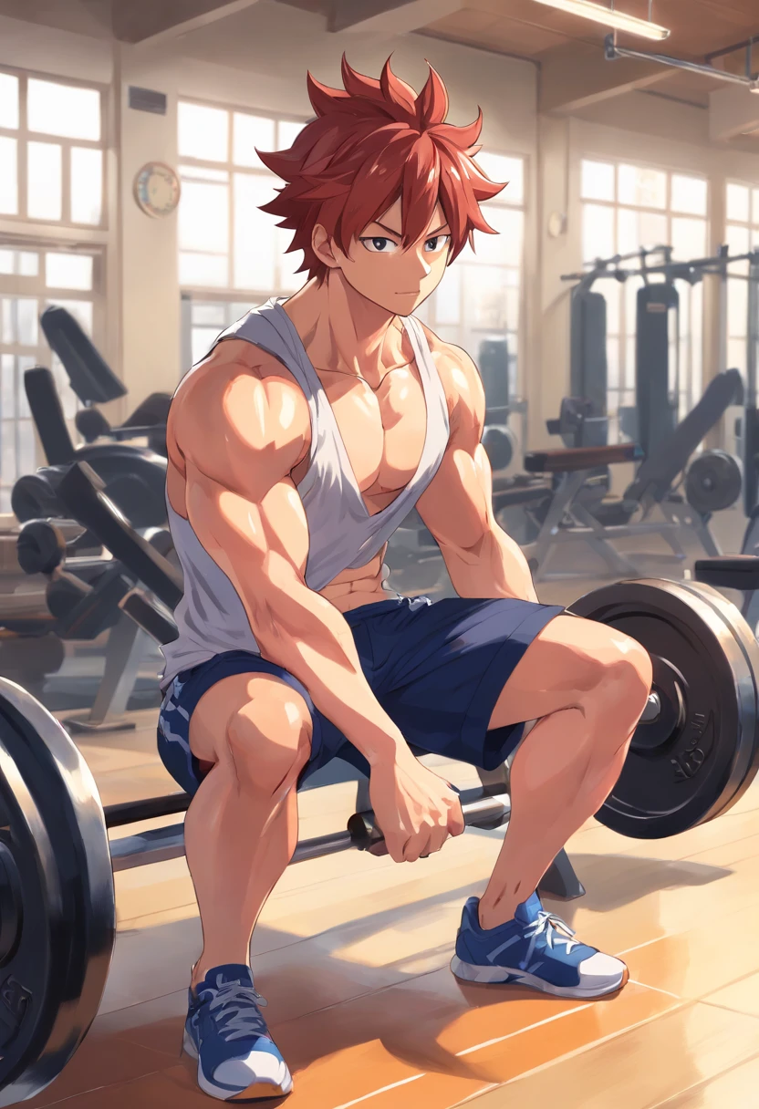 Natsu Dragneel, masculino, Working out hard in a bodybuilding gym, extremely defined muscles