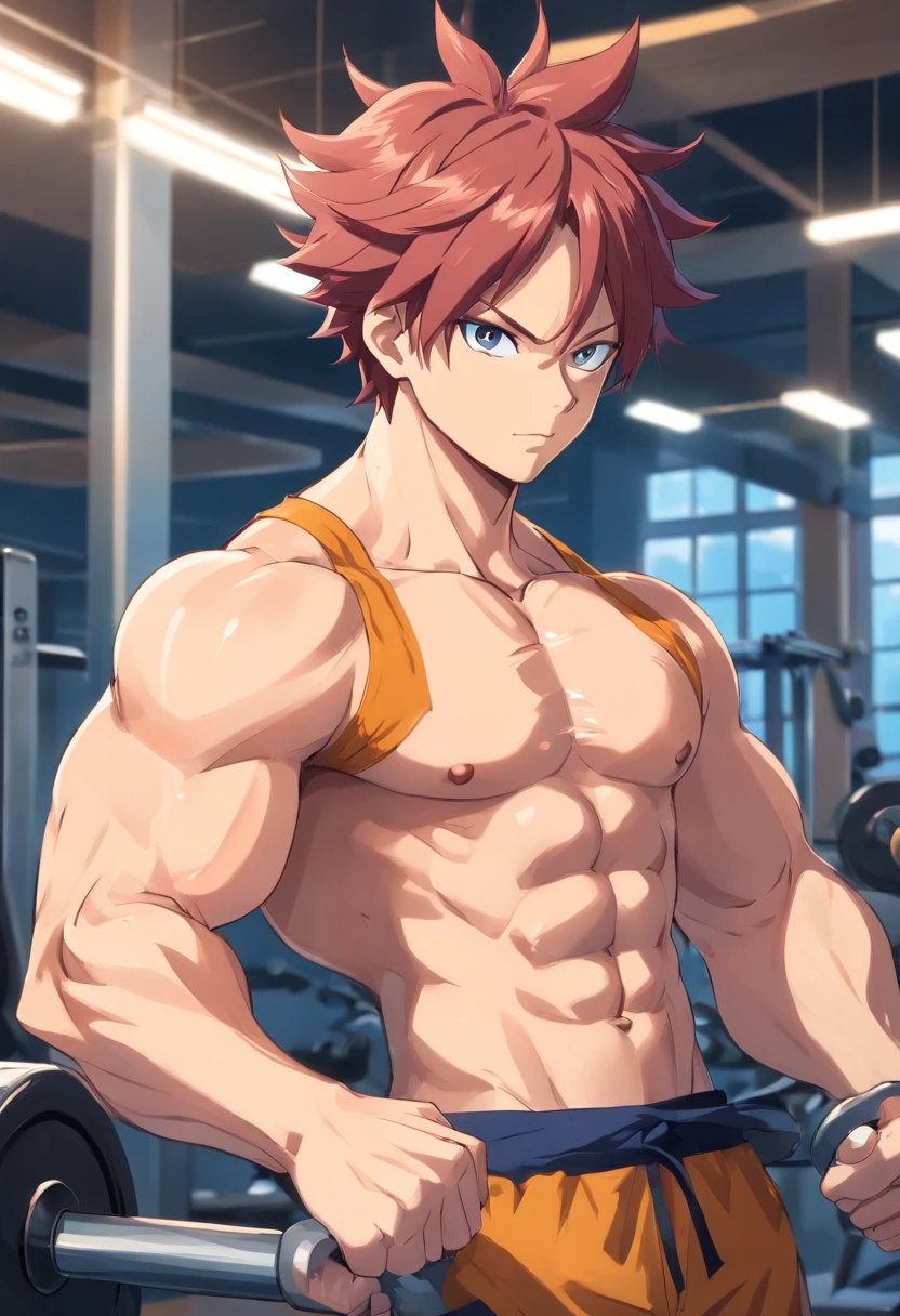 Natsu Dragneel, masculino, Working out hard in a bodybuilding gym, extremely defined muscles