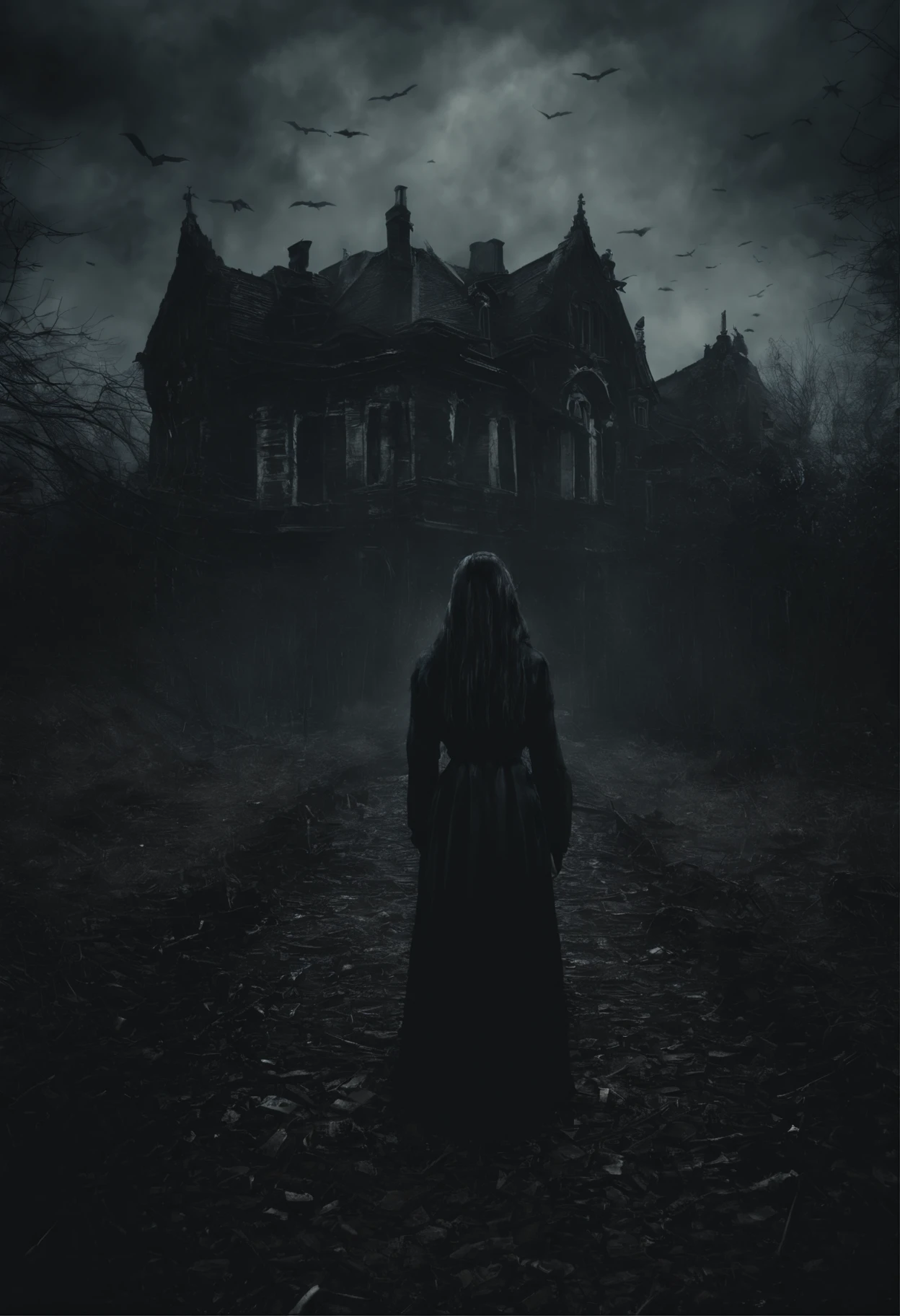 (best quality,4k,8k,highres,masterpiece:1.2),ultra-detailed,(realistic,photorealistic,photo-realistic:1.37),Horror,woman,dark atmosphere,mysterious expression,creepy eyes,shadowy figure,abandoned location,eerie setting,blood-soaked dress,haunting presence,ominous background,spooky ambiance,gothic vibes,dramatic lighting,unsettling mood,ghastly appearance,psychological thriller elements,pale complexion,nightmarish visions,supernatural presence,sinister aura,menacing silhouette,horror movie inspiration,intense emotions,macabre aesthetic,gloomy color palette,terrifying entity,hauntingly beautiful,horror icon,haunting melody,paranormal activity,unsettling whispers,horror novel influence,unseen terror,classical horror aesthetics,shadows lurking.