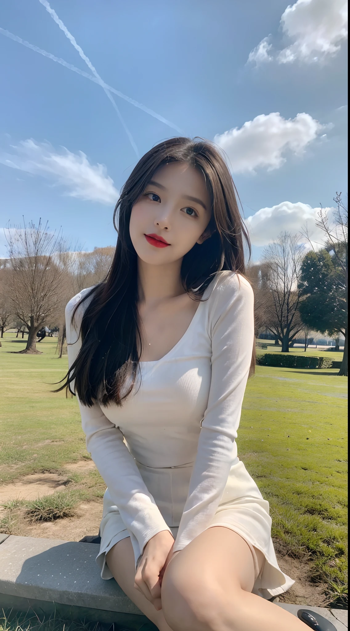 ((best qualtiy, 8K, tmasterpiece:1.3)), A pretty maiden，Pure，Melon seed face，gentle and cute，A sweet smile，Pure desire，Thin stature，(frontage)，(Tilt your head)，staring right into camera，uniform, Obi, formal，Black silky long, Straight hair，Long hair flowing over the shoulders，round black big eyes，Clear big eyes，Hydrated red lips，Sweet，Sit on the，with blue sky and white clouds，Blue skies，grassy fields，
