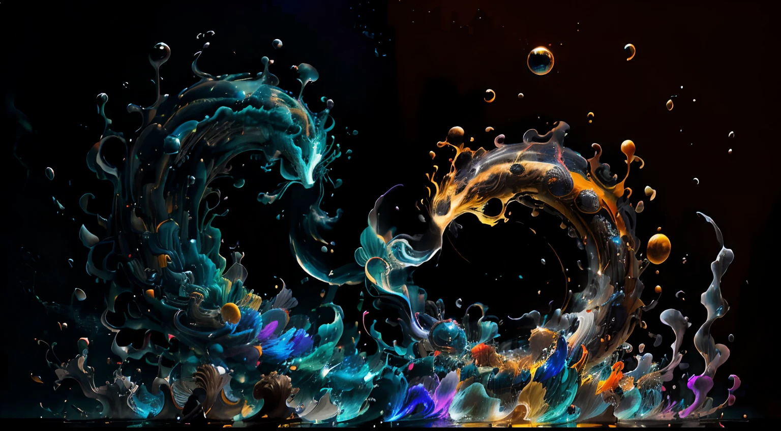 Obra de Arte abstracto en movimiento.Arte de Alberto Severo. Un primer plano de chorros y corrientes de metales preciosos fundidos que chocan entre si y forman , inmensas cantdades de gotas y chorros metalicos de oro, plata, cobre mercurio, que burbujean ,explotan ,remolinean y fluyen y ocupan todo el espacio, nubes de fluidos de colores metalicos dorados, plateados, cobrizos brillantes y tornasolados,burbujas tornasoladas, ,remolinos de gotas tornasoladas que giran y escapan.Crea una fascinante obra de arte abstracta con un enfoque en la fluidez y el movimiento. Utilice una paleta de colores rica y diversa, Blend tones seamlessly to evoke a sense of continuous movement, Background of psychedelic fuids in motion. Arte de los fluidos en movimiento