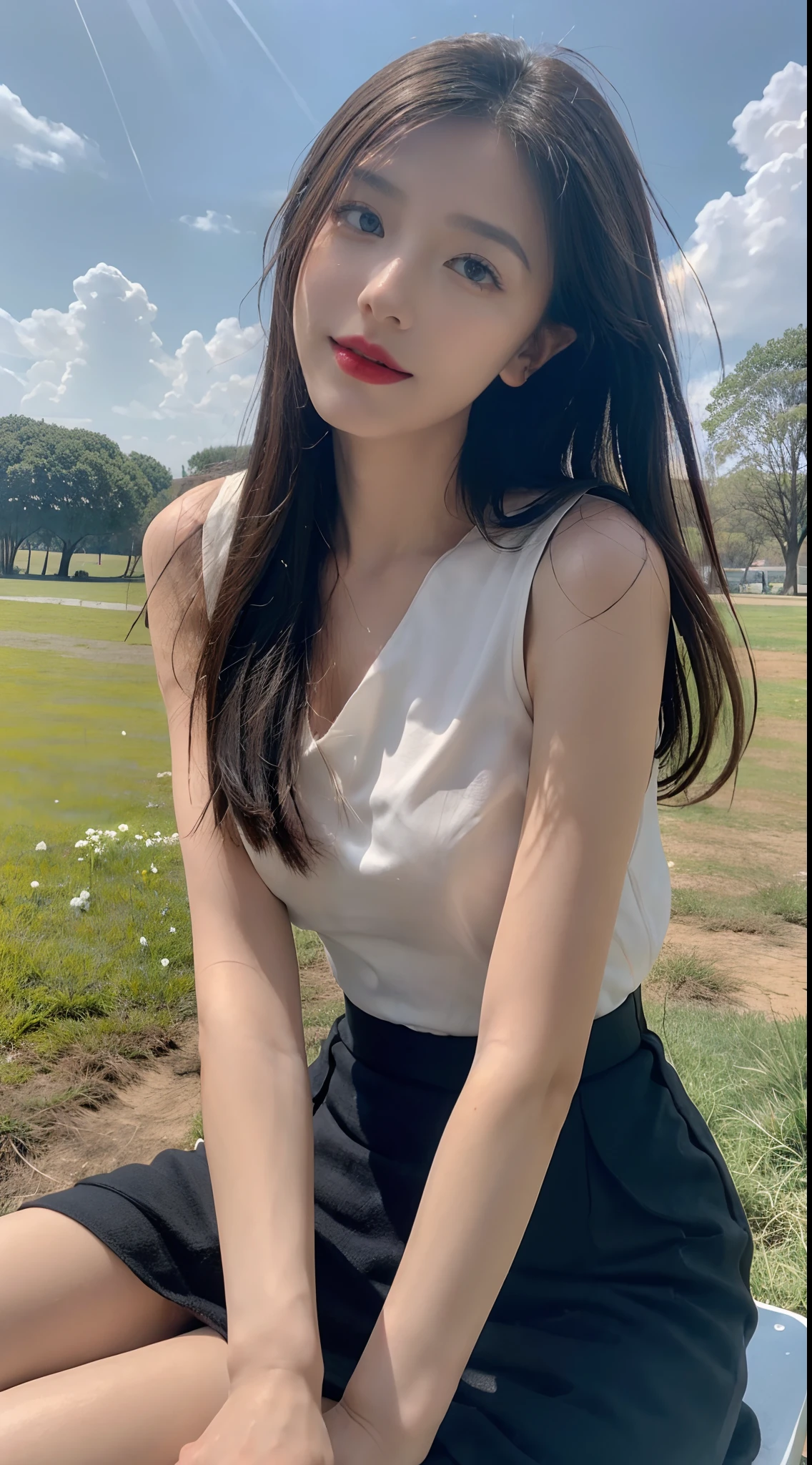 ((best qualtiy, 8K, tmasterpiece:1.3)), A pretty maiden,Pure,Melon seed face,gentle and cute,A sweet smile,Pure desire,Thin stature,(frontage),(Tilt your head),staring right into camera,uniform, Obi, formal,Black silky long, Straight hair,Long hair flowing over the shoulders,round black big eyes,Clear big eyes,Hydrated red lips,Sweet,Sit on the,with blue sky and white clouds,Blue skies,grassy fields,