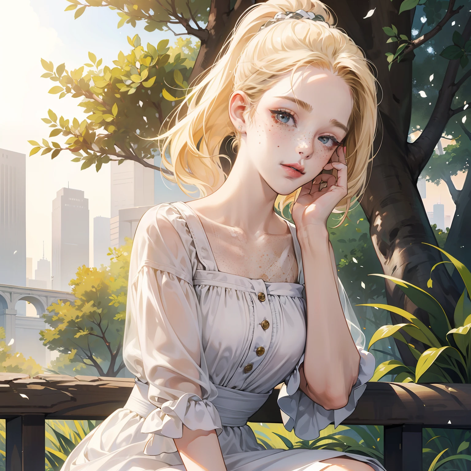 Rosto de uma mulher, americana, 25 anos, pale skin and freckles, olhos cinzas, nariz delicado, soft and delicate lips, cabelo blondie cinza ponytail, sorriso meigo, com vestido de seda Midi, in a park with many trees, sentada em um banco