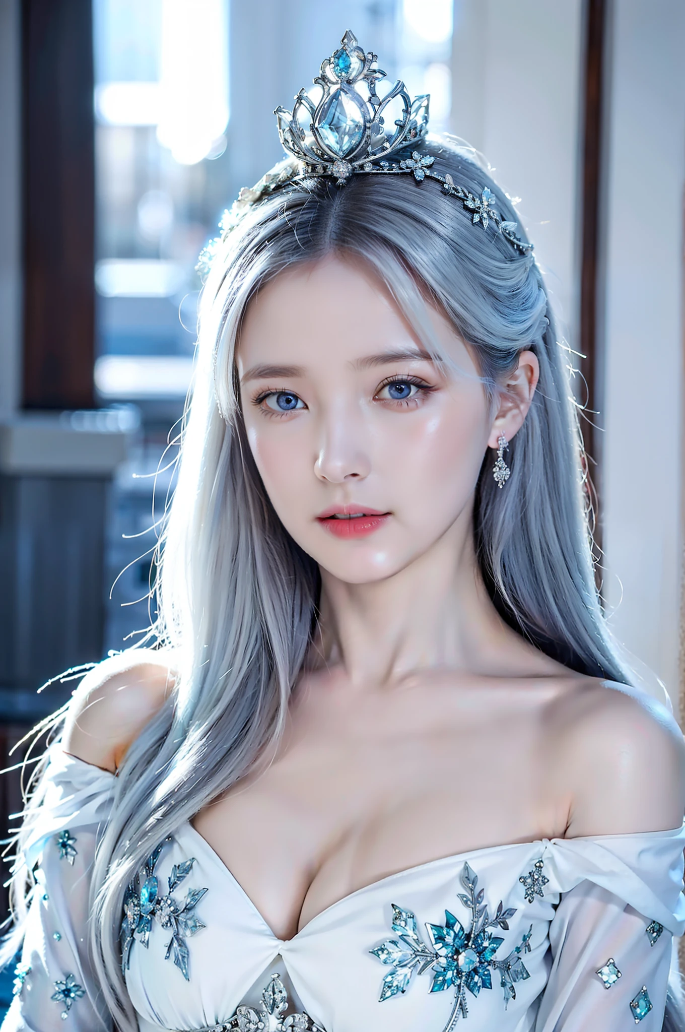 (best quality,4k,8k,highres,masterpiece:1.2),ultra-detailed,(realistic,photorealistic,photo-realistic:1.37),snow queen,beautiful detailed eyes,(blue eyes:1.3),(white hair:1.3),beautiful detailed lips,extremely detailed eyes and face,long eyelashes,snow-covered palace,winter wonderland,crown of ice,sparkling snowflakes,ethereal beauty,snowflakes swirling around,snow-covered trees,gorgeous snow queen,glowing ice shards,powdery snow,snowflakes glistening in the sunlight,majestic and graceful presence,snow-capped mountains,icy breath,hint of blue and silver in the color scheme,dramatic lighting,soft snow falling,subtle shades of white and blue,icy palace walls,crystal-like skin,icy blue eyes, ultra-realistic, photorealistic, photograph, photogenic, bokeh, cleavage, bare shoulders, concentrated expression, (full body:1.2), realistic big breasts.