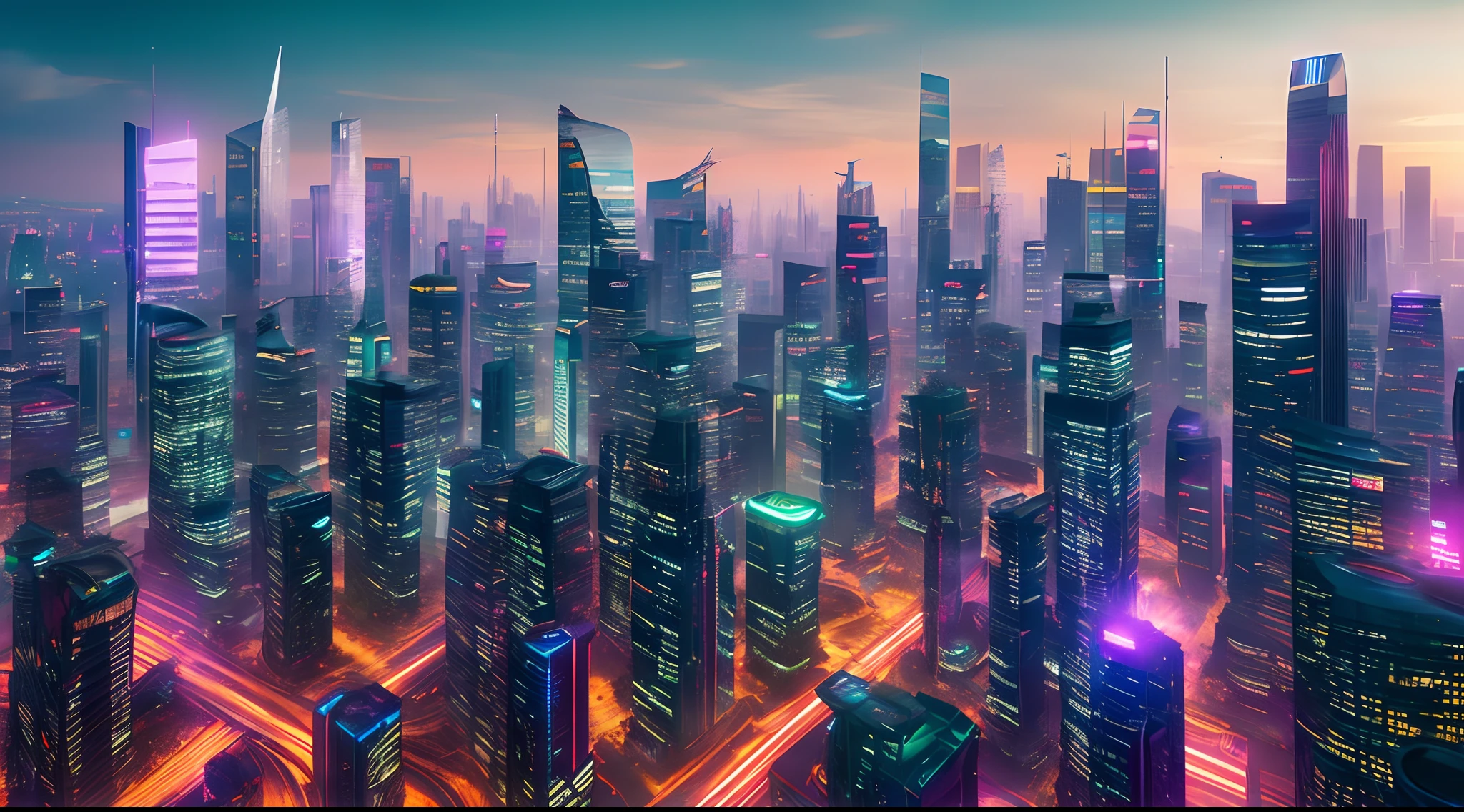 Style: Concept art. The scene: Futuristic cityscapes with towering skyscrapers and sleek aerodynamic vehicles speeding through the air. High-resolution OLED GUI interfaces in the building&#39;s windows are filled with transparent data visualization infographics showing everything from weather patterns to traffic flow. Colors are saturated and vibrant, with warm pinks and purples dominating the skyline. The overall effect is both beautiful and awe-inspiring.