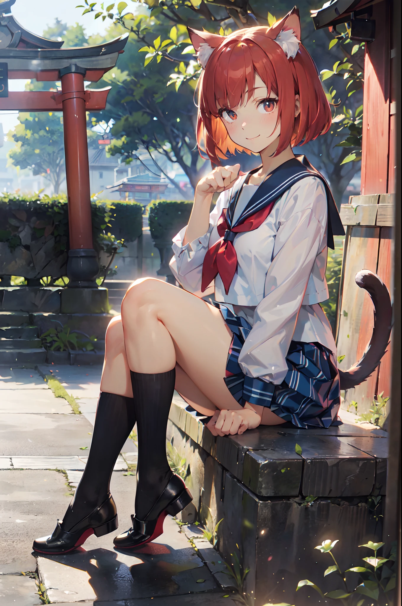 masutepiece, Best Quality, Detailed beautiful face and eyes, Full body, The best illustrations, PastelColors, (jpn、Shrine 1.4), Red torii gate, beauitful face, blurry backround, beautiful girl, shinny skin, (1The tail of a cat in a book grows:1.3), Sharp pupils, Realistic pupils, Glowing red hair, bob cuts, Eyes are yellow, Cat's ears, Floral hair ornament, Happy expression on face、Curve, (a sailor suit、plaid skirts、knee sox:1.2), facing front、PAW Pose