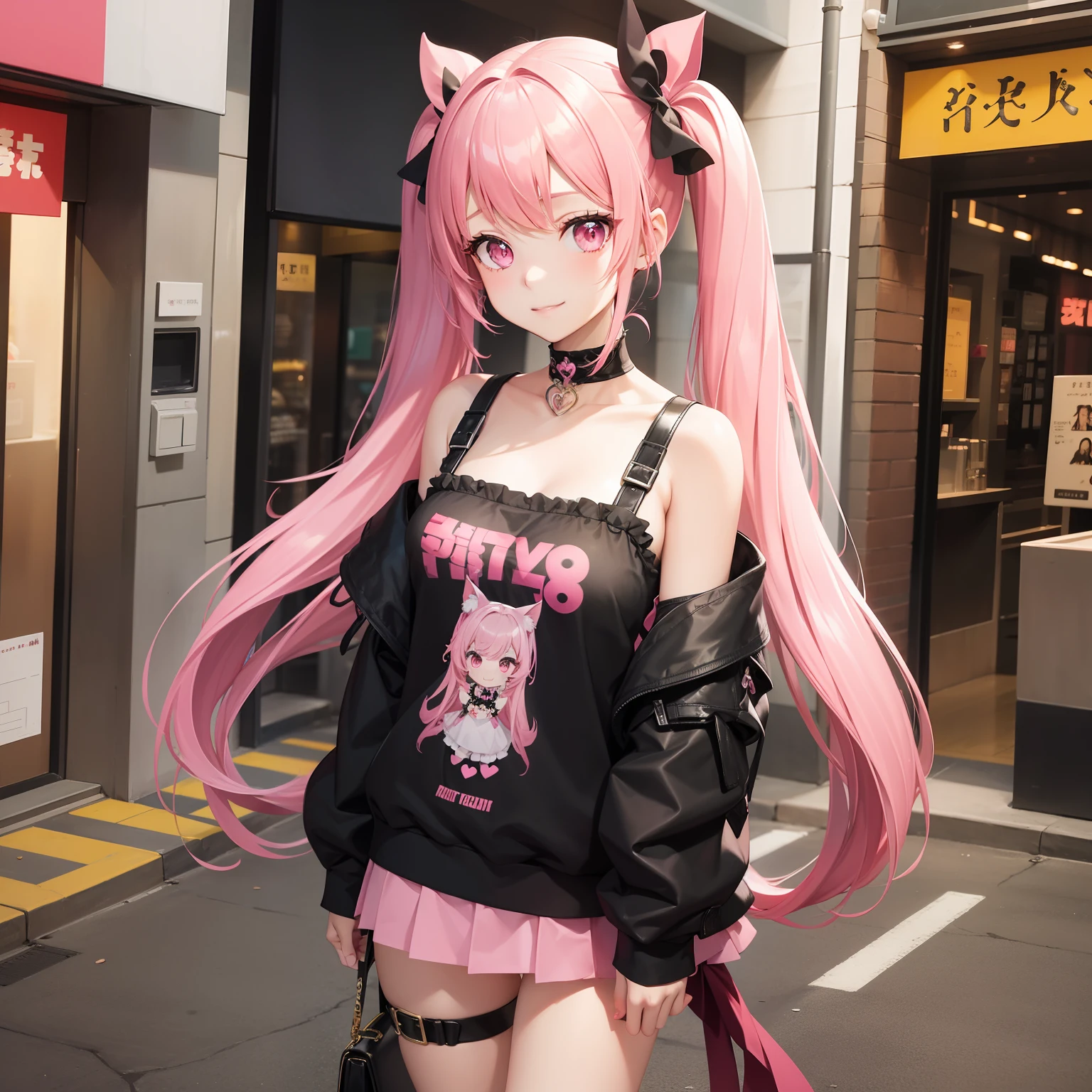 full body Esbian, masutepiece: 1.2, Highest Quality), (Live-action, elaborate details), (1 Lady, Solo, Upper body,) Clothing: Edgy, Black long jumper, pink miniskirt, long hair with pink twin tails,、Mini Characters、Avant-garde, Experimental appearance: Long pink twin tail hair 、Heart-shaped choker、The location: bustling city、Solo, Nice smile、Value Creation in Mixed Media Art: individuality, authenticity, Creative expression