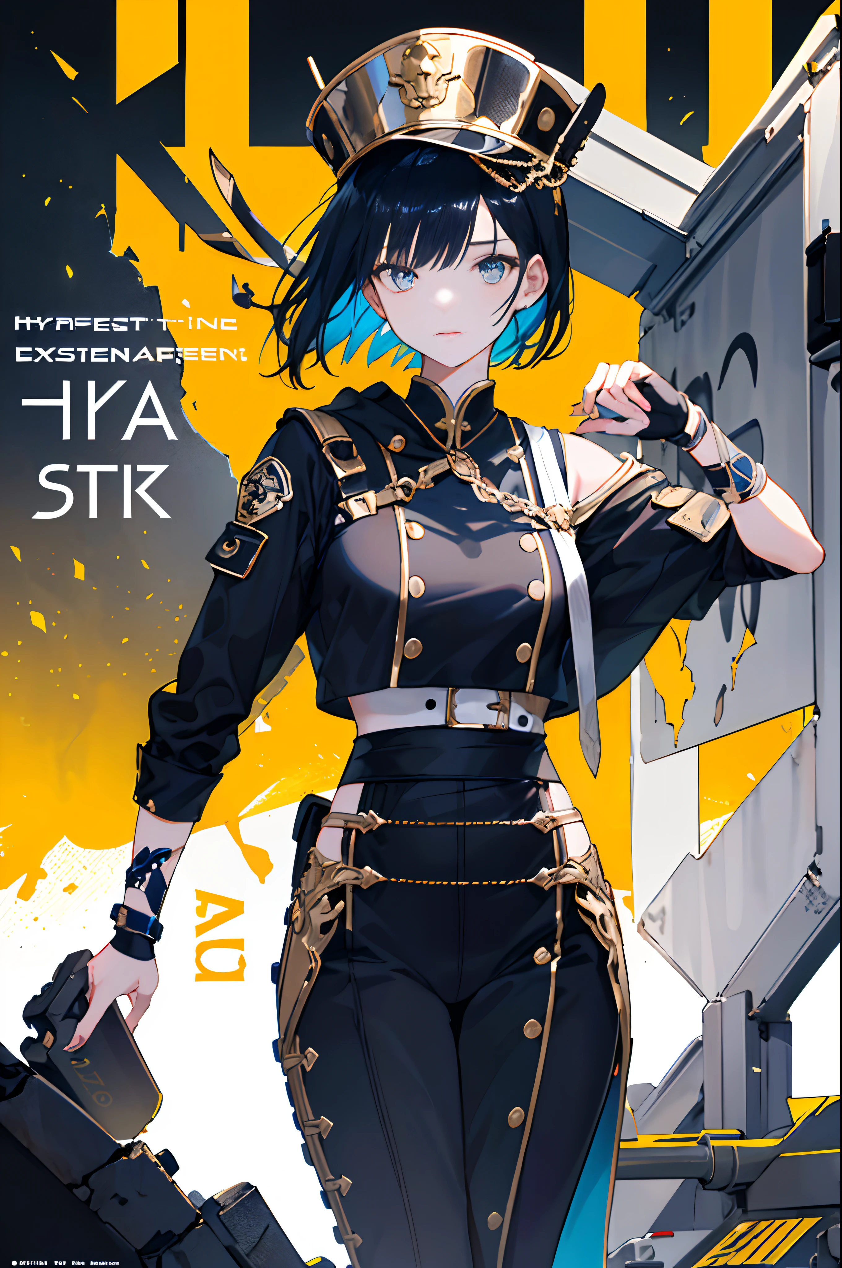 ((((Dramatic))), (((grittiness))), (((Intense))) The movie poster features a young woman as the central character。She stands confidently in the center of the poster，Wear fashion-forward cyborg-futuristic outfits，with a determined expression on her face。The background is dark and gritty，There is a sense of danger and a strong feeling。The text is bold and eye-catching，With catchy slogans，Adds to the overall drama and excitement。The color palette is dominated by dark colors，Dotted with bright colors，Make the poster dynamic and visually striking，tachi-e (Magazines:1.3), (Cover-style:1.3), Fashionab, woman, vibrant, Outfit, posing on a, Front,rich colourful，dyna，Background with，element in，self-assured，Expressing the，halter，statement，Attachment，A majestic，coil，Runt，Touching pubic area，Scenes，text，Cover of a，boldness，attention-grabbing，titles，Fashionab，typeface，Catchy，titles，more big，Smart、moderno、Trendy、focus-on、Fashionab、，tmasterpiece，Need，Best quality at best，Hyper-detailing，8K ，hyper HD