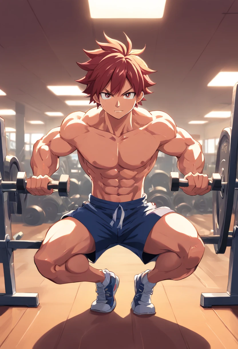 Natsu Dragneel, masculino, Working out hard in a bodybuilding gym, extremely defined muscles