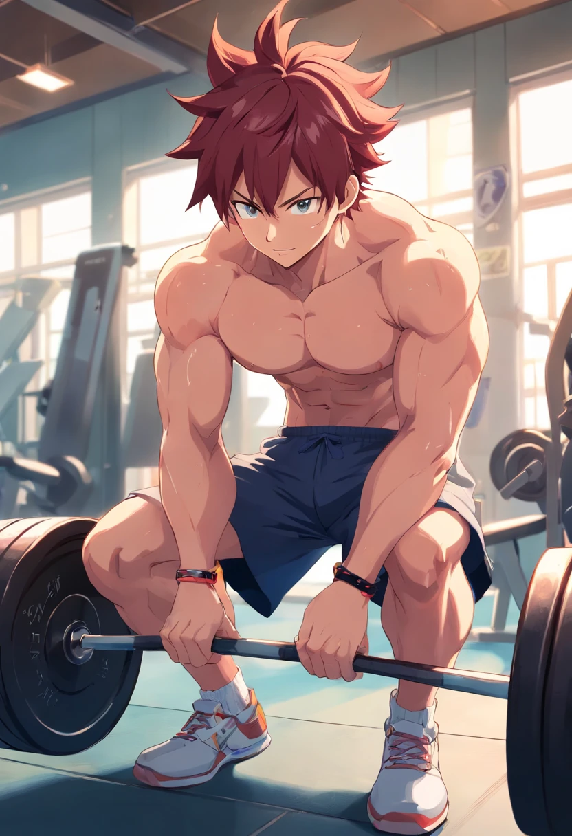 Natsu Dragneel, masculino, Working out hard in a bodybuilding gym, extremely defined muscles