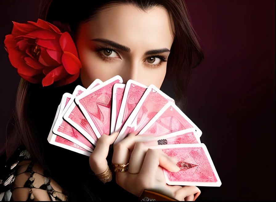Very perfect cinematic hyperrealistic image of a gorgeous woman, the most beautiful woman in the arafed world holding several tarot cards in front of her face;, gorgeous stella maeve magician, Maga Feminina, Bela Stella Maeve Magician, stoker card style, Cards, cartas de baralho, holds tarot cards, holding an ace card, cardistry, holding ace card, you won't believe it, Jogo de cartas, Cara de blefe, poker, jogando cartas no ar