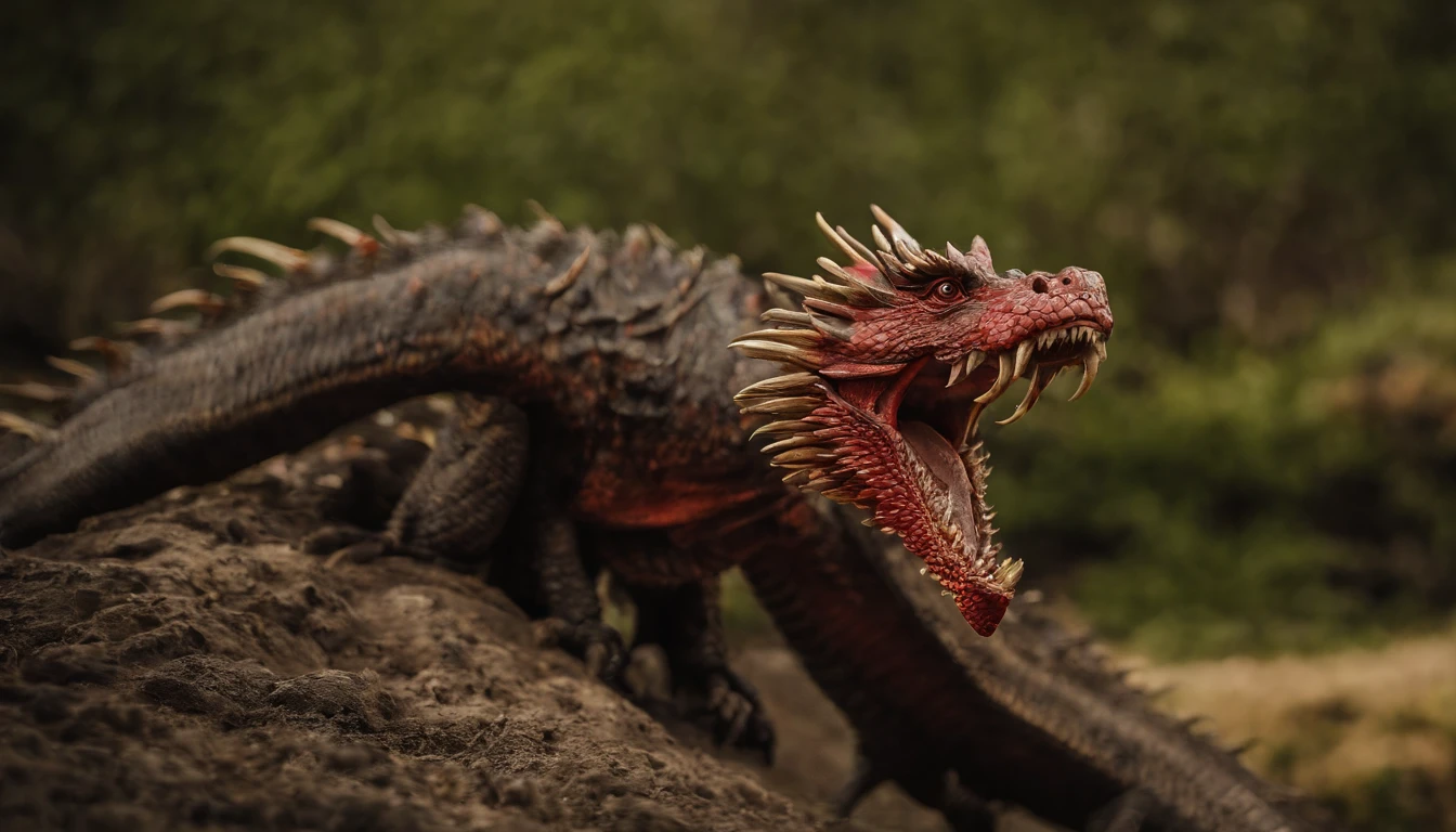 Tenryu Dourado,Rough red eyes,Close-up release of fire blood from the nose,Chest scales,alta qualidade,8k,muitos detalhes,Alface de fogo,Infelizmente,4 pernas,Garras manchadas,Ouro,Perigos,fires,dentes pontiagudos,big dragon,imensidade,Threatening,imponente, 4k, folhas, flores, frutos, rios, primavera