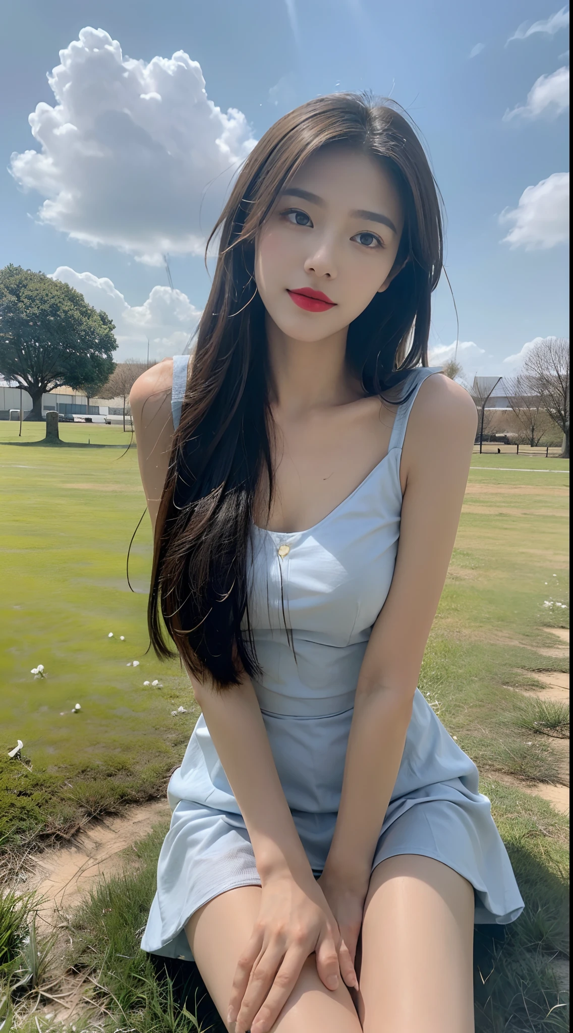 ((best qualtiy, 8K, tmasterpiece:1.3)), A pretty maiden,Pure,Melon seed face,gentle and cute,A sweet smile,Pure desire,Thin stature,(frontage),(Tilt your head),staring right into camera,uniform, Obi, formal,Black silky long, Straight hair,Long hair flowing over the shoulders,round black big eyes,Clear big eyes,Hydrated red lips,Sweet,Sit on the,with blue sky and white clouds,Blue skies,grassy fields,