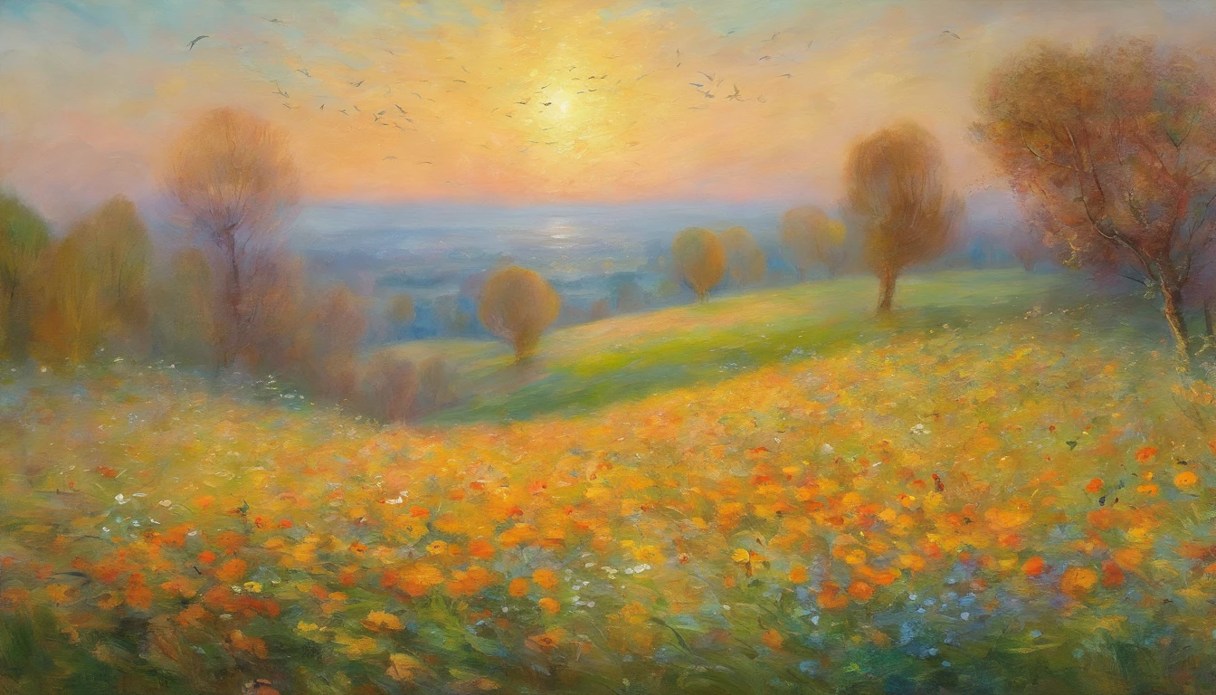 Impresionismo,Paintings by professional painters,Claude Monet,Daisy fields near Veteuil,Birds are flying