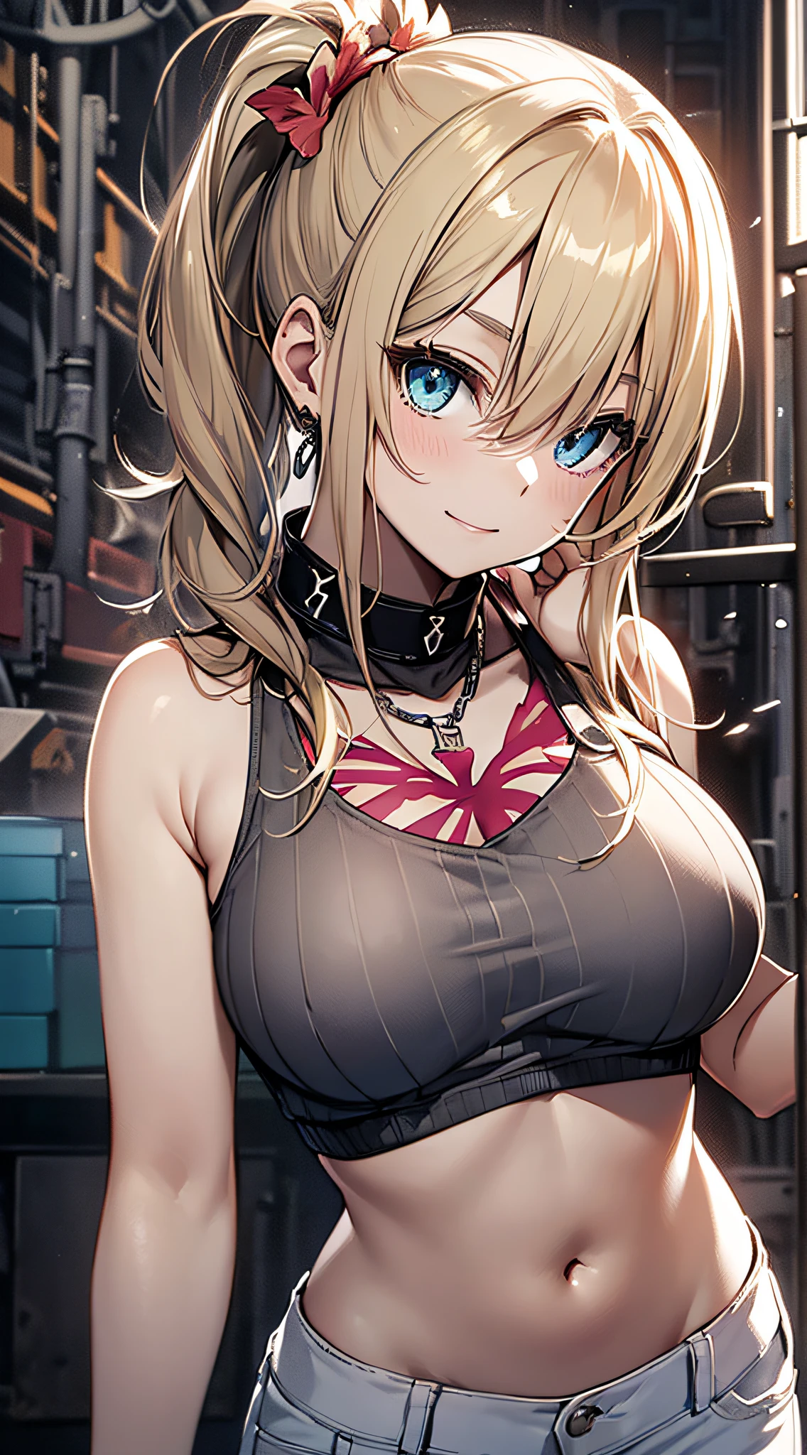 ((topless)), nsfw, masterpiece, 1 girl, erect nipples, intricately detailed, navel, bare shoulders, blonde hair, hard hat, construction site, choker, wiping sweat, baggy pants, cargo pants, extremely detailed, bare breasts, puffy nipples, blue eyes, bare stomach, sweaty, medium breasts, arm strap, cowboy shot, holding sledgehammer, teen, chain, soft eyes, smiling, day, belt, rubble, short hair, open mouth, hairband, cg masterpiece