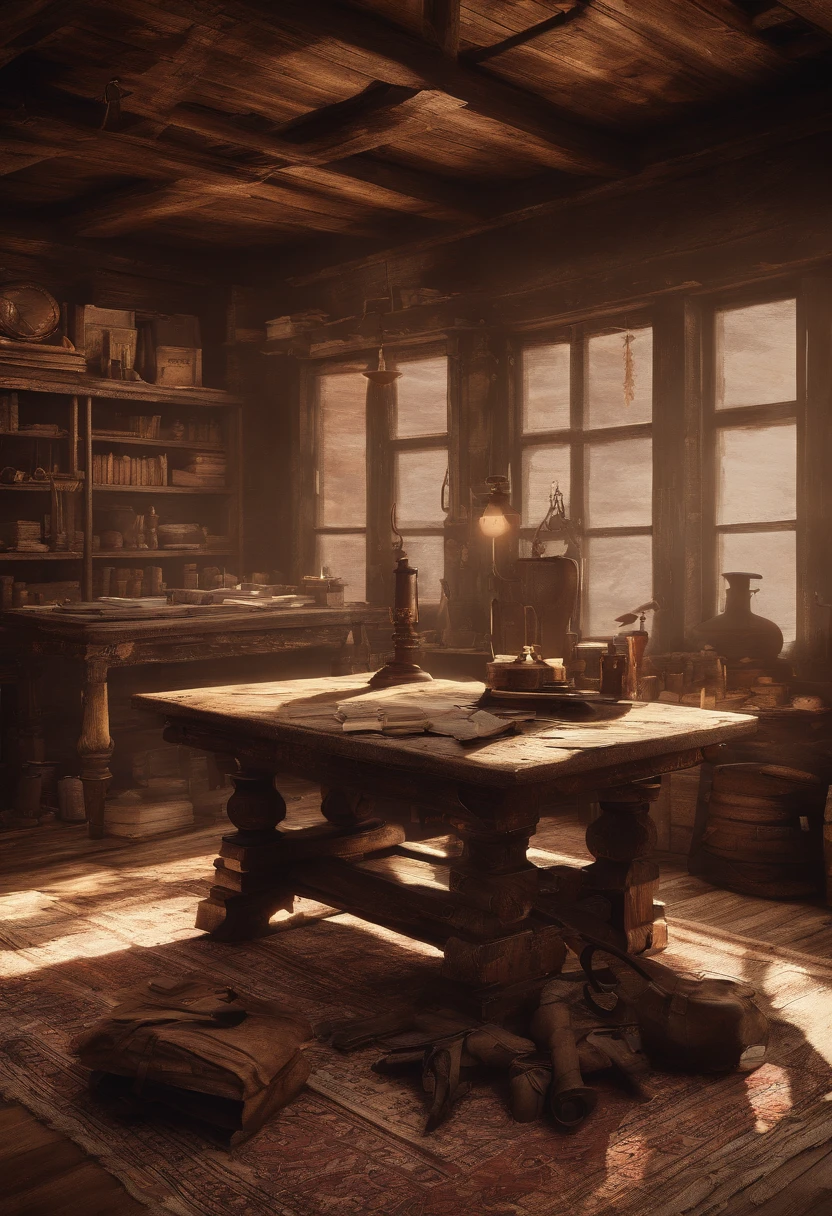(best quality,4k,8k,highres,masterpiece:1.2),ultra-detailed,(realistic,photorealistic,photo-realistic:1.37),red dead redemption 2 artwork style,dark room,1899 western style,sheriff office,sheriff office decoration,sheriffs standing in front of a table,sheriff hat,sheriff badge,wooden desk,oil painting texture,vintage atmosphere,vibrant colors,soft lighting,Wanted posters hanging on the wall,old wooden walls and floors,strong shadows,leather chairs,dusty air,aged artifacts,authentic costumes,cowboy boots,revolver holsters,jail cells in the background,old documents on the desk,authentic western rifles,antique furniture,sunlight streaming through the window,whiskey bottles on the table,handwritten letters,fireplace with a flickering flame,a painting of the wild west landscape in the background,st
