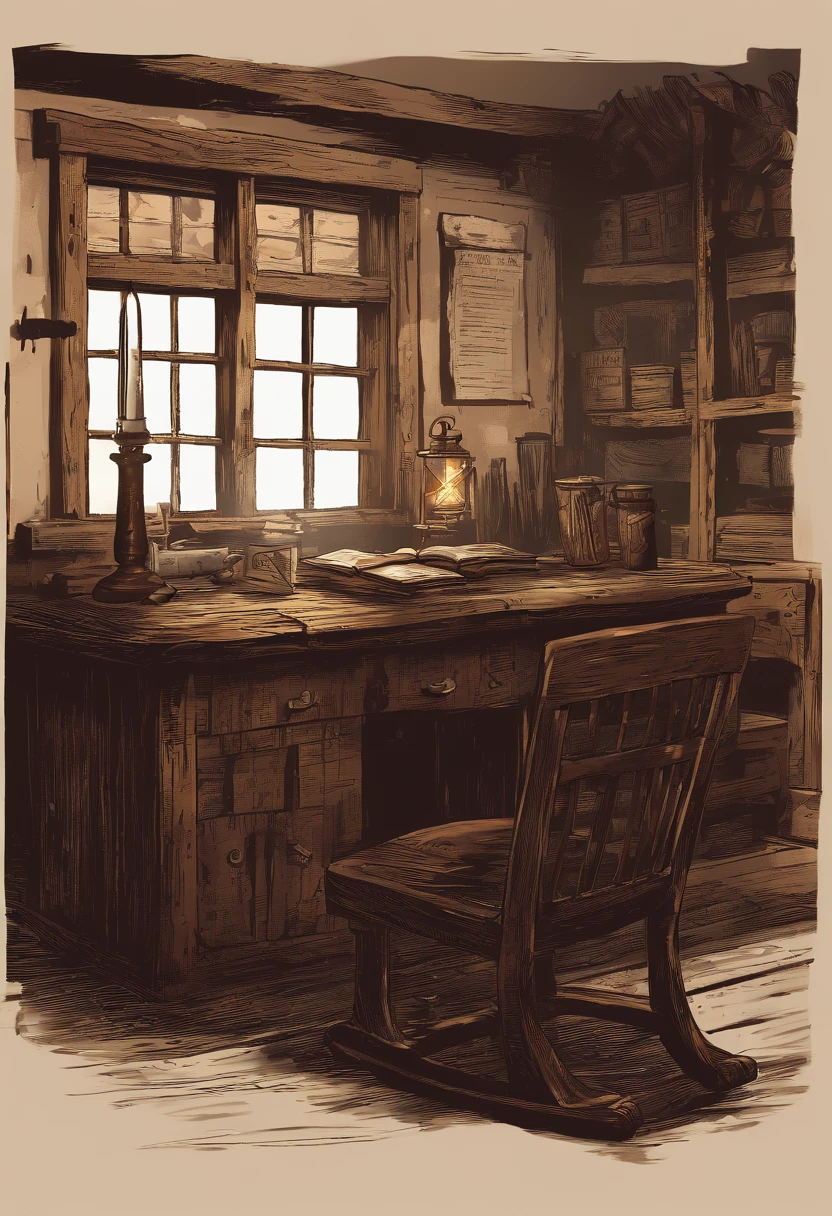 (best quality,4k,8k,highres,masterpiece:1.2),ultra-detailed,(realistic,photorealistic,photo-realistic:1.37),red dead redemption 2 artwork style,dark room,1899 western style,sheriff office,sheriff office decoration,sheriffs standing in front of a table,sheriff hat,sheriff badge,wooden desk,oil painting texture,vintage atmosphere,vibrant colors,soft lighting,Wanted posters hanging on the wall,old wooden walls and floors,strong shadows,leather chairs,dusty air,aged artifacts,authentic costumes,cowboy boots,revolver holsters,jail cells in the background,old documents on the desk,authentic western rifles,antique furniture,sunlight streaming through the window,whiskey bottles on the table,handwritten letters,fireplace with a flickering flame,a painting of the wild west landscape in the background,st