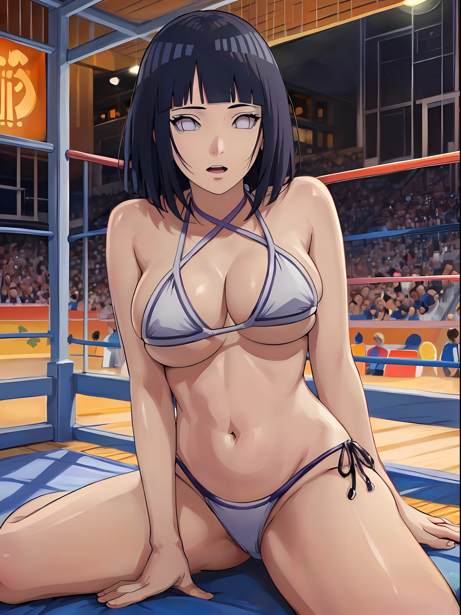 (WALLPAPER, (hinata\(boruto\), (((1 girl, white string bikini))), masterpiece, 4k, vector coloring, fully body view, (scene: sexy girl sitting on arena very tired, location: pro wrestling arena), (high color saturation), contrast lighting, mature female, (curvy:0.8), solo, anime style, sharp focus, professional artwork, intricate details, colorful, vibrant colors, vivid colors, digital blending, ultra detailed body, ultra detail hair, ultra detail face, trending on pixiv, very hot colors, ((())), detailed bold arm lines, high color saturation, bold lines, bold drawing lines), (head tilt), open mouth),
((dark blue hair color:1.1), wavy hair, ((short hair, hime cut)),
(white skin, (fair skin), slender body, milf, perfect face),
(legs, big breasts, off-shoulders, (detailed shoulders, detailed arm lines)),
(bare shoulders, bare legs),