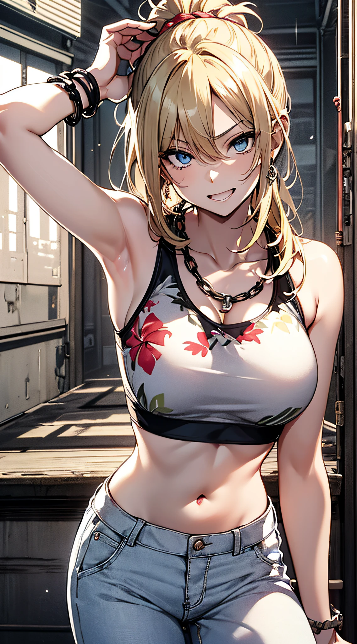 Masterpiece、Super delicate、1girl in、Blonde Gal、skin tanned、piercings、a necklace,large full breasts、Cute anime illustration、belly button piercing、Akkanbe、