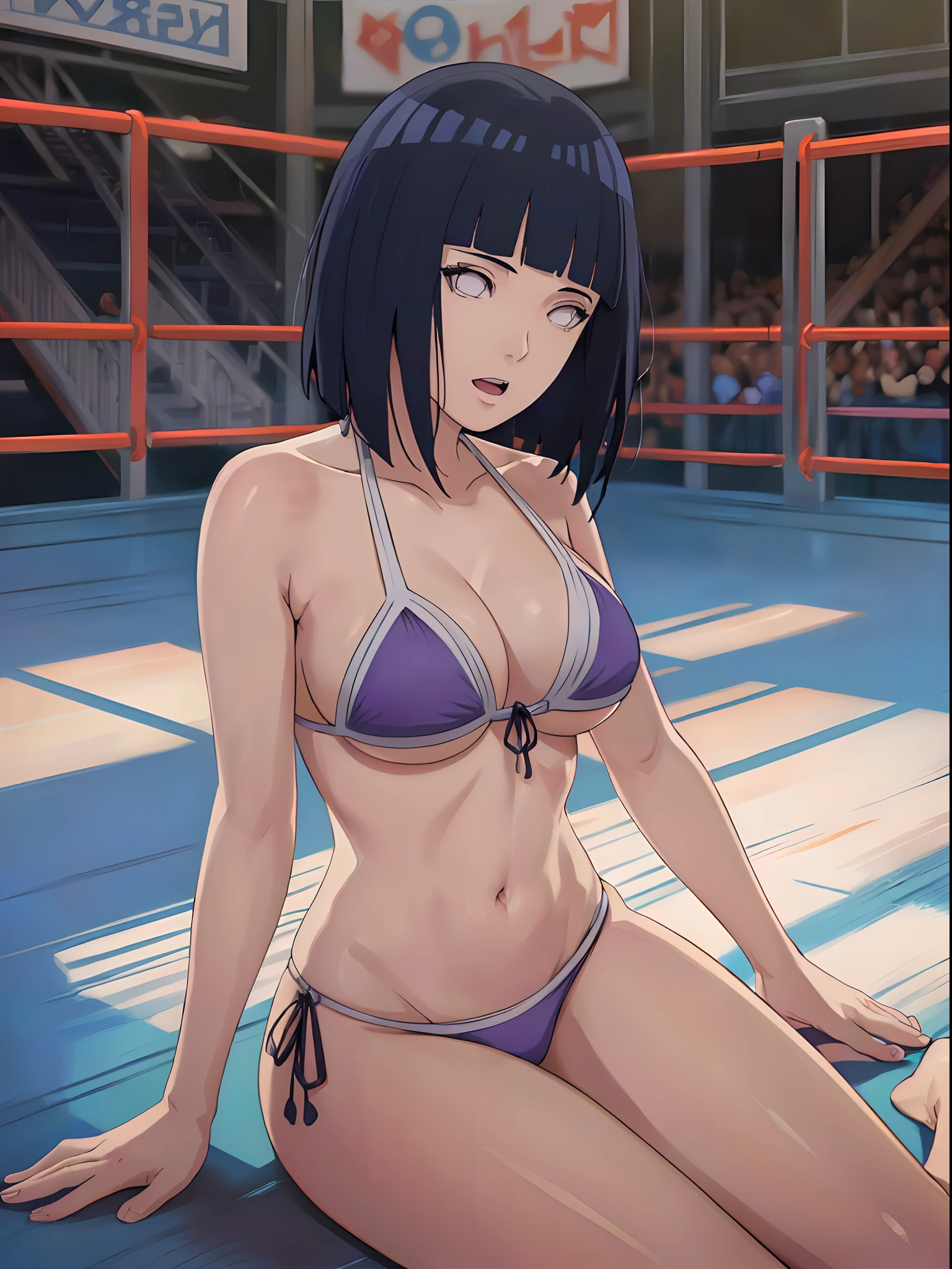 (WALLPAPER,  (hinata\(boruto\), (((1 girl, white string bikini))), masterpiece, 4k, vector coloring, fully body view, (scene: sexy girl sitting on arena very tired, location: pro wrestling arena), (high color saturation), contrast lighting, mature female, (curvy:0.8), solo, anime style, sharp focus, professional artwork, intricate details, colorful, vibrant colors, vivid colors, digital blending, ultra detailed body, ultra detail hair, ultra detail face, trending on pixiv, very hot colors, ((())), detailed bold arm lines, high color saturation, bold lines, bold drawing lines), (head tilt), open mouth),
((dark blue hair color:1.1), wavy hair, ((short hair, hime cut)),
(white skin, (fair skin), slender body, milf, perfect face),
(legs, big breasts, off-shoulders, (detailed shoulders, detailed arm lines)), 
(bare shoulders, bare legs),