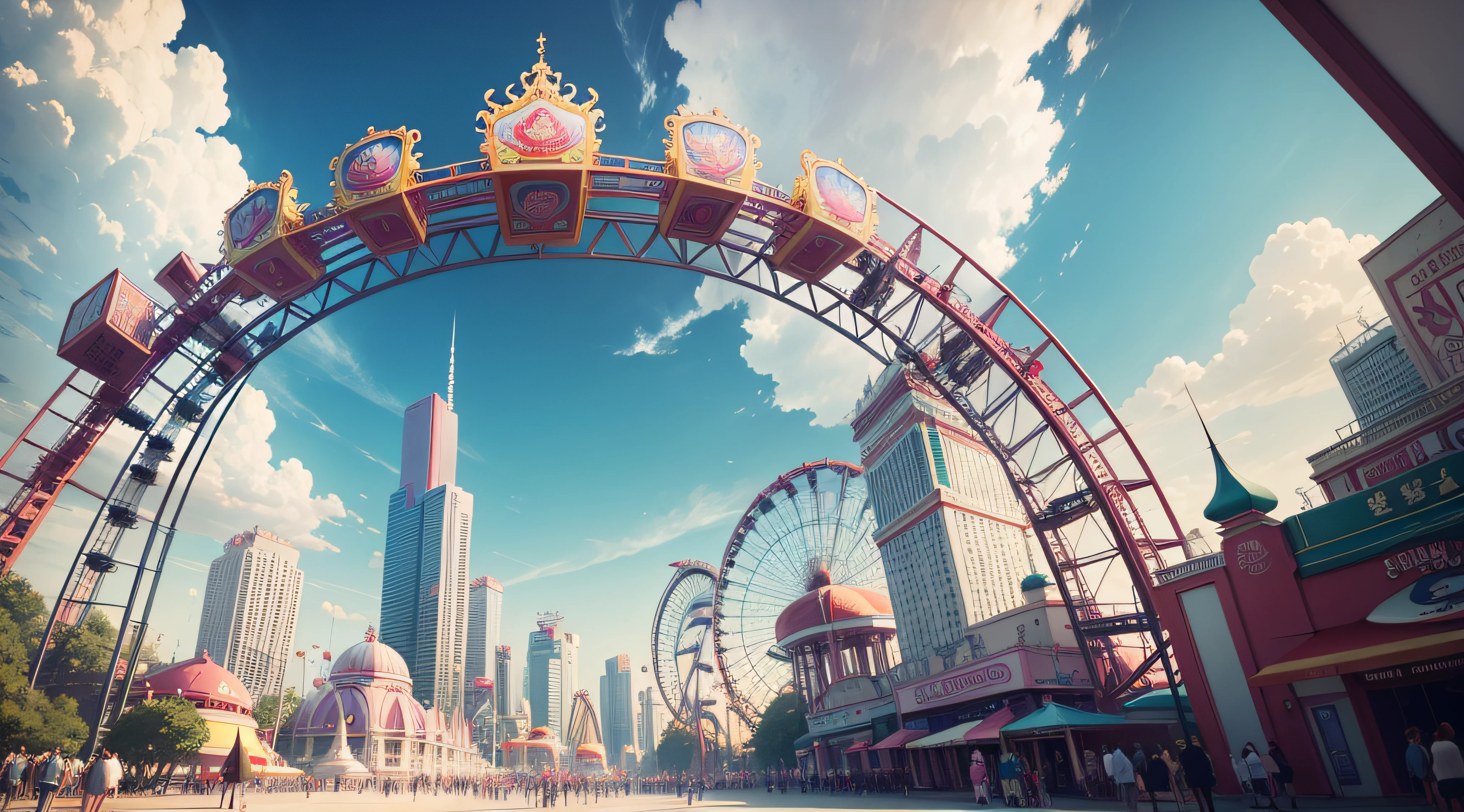 The image of the amusement park with many people and many high-rise buildings is really sharp