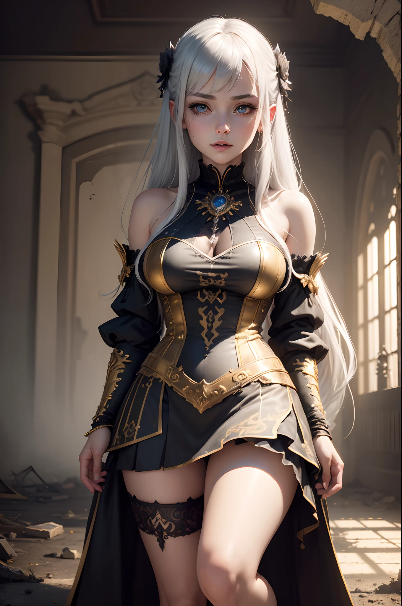 (extremely detailed CG unity 8k wallpaper), (masterpiece), (best quality:1.2), (highres), (illustration:1.1), (cinematic light:1.1), finely detailed, intricate details, (best illustration), 8k resolution, intricate details, best quality, realistic, ultra-detailed, best illumination, best shadow, ultra-HD, cryengine, ultra hd, (detailed reflection), detailed shadows, (((intricate details))), smooth, ((perfect shading)), high quality metal texture, metallic luster, highly detailed illustration, (semi realistic:1.6), (wide_shot:1.2), (from below, dutch_angle), dutch angle,(face to below knee:1.3), ((dark)), dark_fantasy, perfect fingers, hyper details, cutest, solo female, (silver white hair:1.2), absurdly long hair, asymmetrical bangs, (golden eyes:1.4), (finely_detailed_beautiful_eyes_and_detailed_face:1.4), (pale skin), , (vampire:1.3), (naked, over knee stocking), (choker), big breasts, thin legs, (fangs:1.2),laying on bed, pale skin, (full body:1.45), (inside of abandoned castle:1.3), (full moon), dark atmosphere, complicated background, dynamic camera angle, blood rain behind, (warzone), (((high quality detailed ruins))), (depth of field), ((cinematic lighting)), ((horror)), ((dark fantasy)), lovecraftian, spot color, monotone, (best illumination), (hyper intricate details), ((ultra-detailed)), 4k unity, (extremely detailed CG:1.2), (8k:1.1), ((landscape view)), Artstation, ((by sui ishida, by Wenjun Lin, by stefan morrell)), dark fantasy art, ((semi-realistic)), (realism), (dynamic), (RFKTR_bontrex-150:0.5), (nixeu_basic2:0.5)