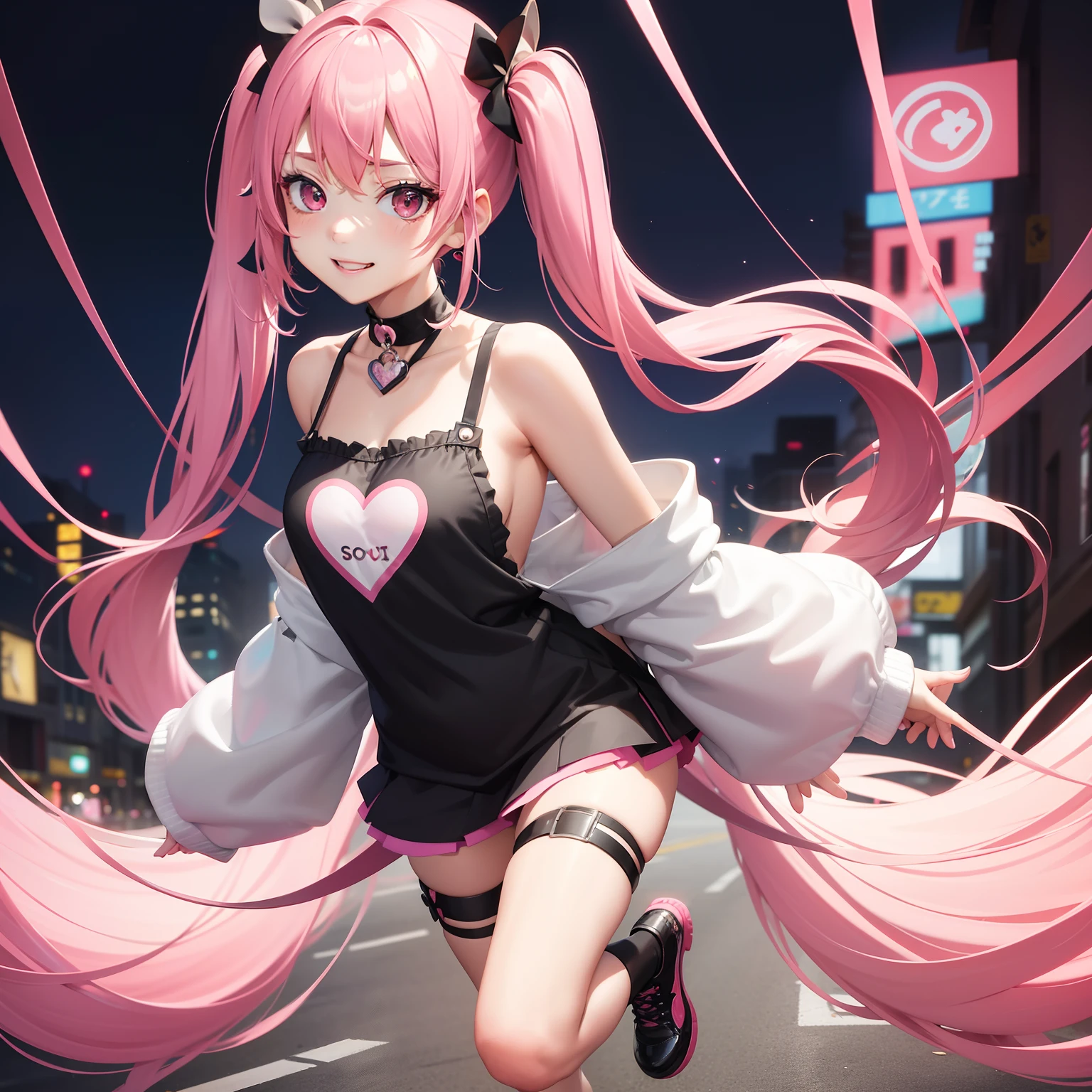 full body Esbian, masutepiece: 1.2, Highest Quality), (Live-action, elaborate details), (1 Lady, Solo, Upper body,) Clothing: Edgy, Black long jumper, pink miniskirt, long hair with pink twin tails,,,,,、Avant-garde, Experimental appearance: Long pink twin tail hair 、Heart-shaped choker、The location: bustling city、Solo, Nice smile、Value Creation in Mixed Media Art: individuality, authenticity, Creative expression