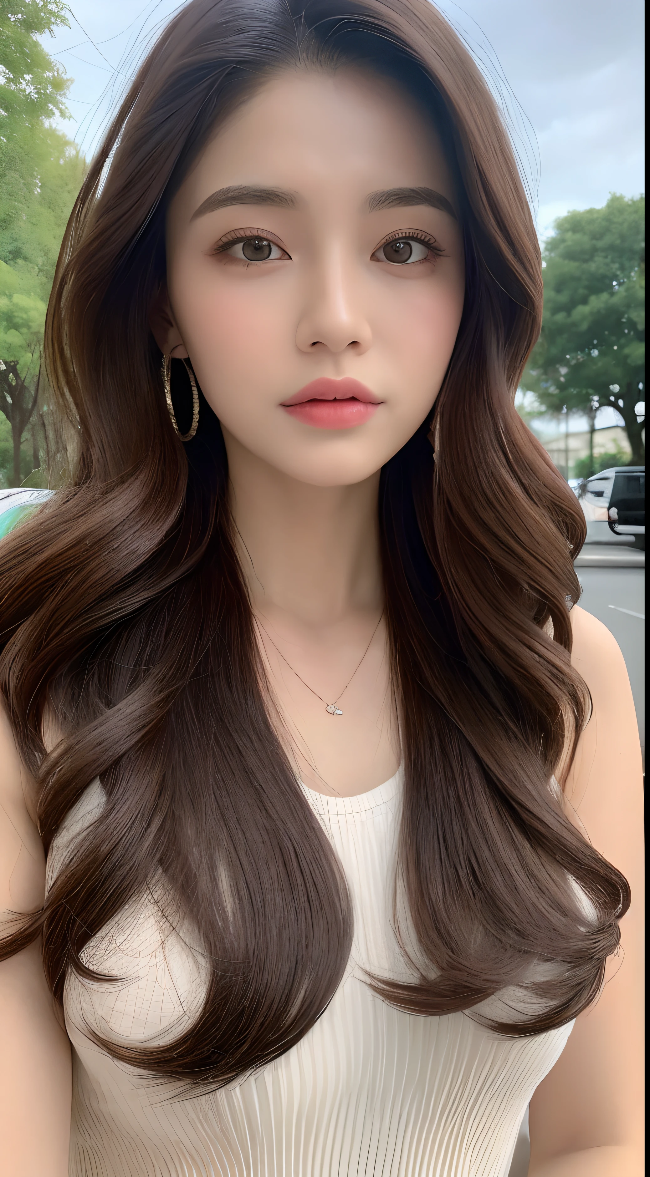 ((Best quality, 8k, Masterpiece :1.3)), 1girl, Pretty woman with slender abs :1.3, (brown, long, wavy hairstyles, Huge breasts :1.2), open chest cropped hand t-shirt and high waist hot pants :1.1, Ultra-detailed face, Detailed eyes, Double eyelid, Full body, Revealed thighs and breasts,, Outdoors, Pointed Chin, Super detailed, textured skin