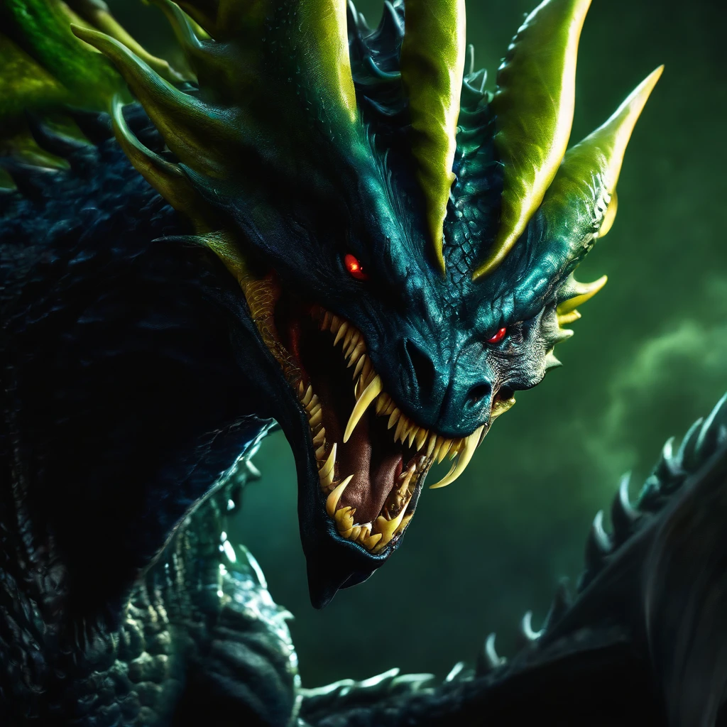 (Best quality,Ultra-detailed,Realistic:1.37),Male monsters,Yellow glassy skin,Sharp teeth,Green tongue,Demon Dragon Wings.marvel comics style,ominous lighting,Black and dark blue tones,Alien symbiote set。