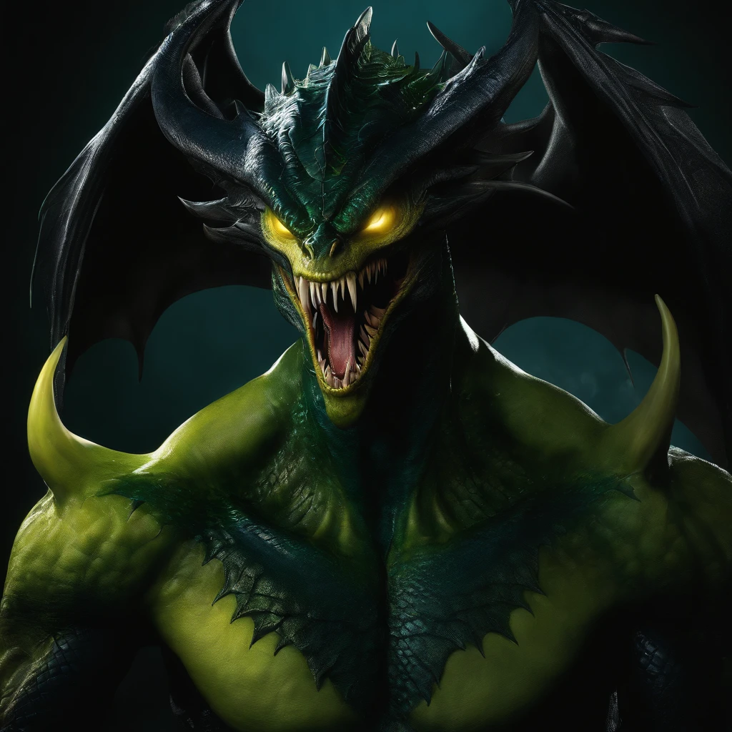 (Best quality,Ultra-detailed,Realistic:1.37),Male monsters,Yellow glassy skin,Sharp teeth,Green tongue,Demon Dragon Wings.marvel comics style,ominous lighting,Black and dark blue tones,Alien symbiote set。