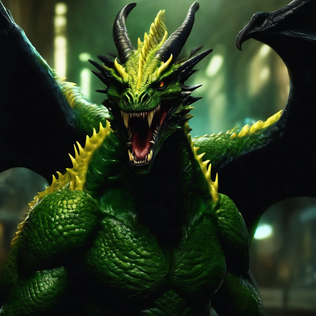 (Best quality,Ultra-detailed,Realistic:1.37),Male monsters,Yellow glassy skin,Sharp teeth,Green tongue,Demon Dragon Wings.marvel comics style,ominous lighting,Black and dark blue tones,Alien symbiote set。