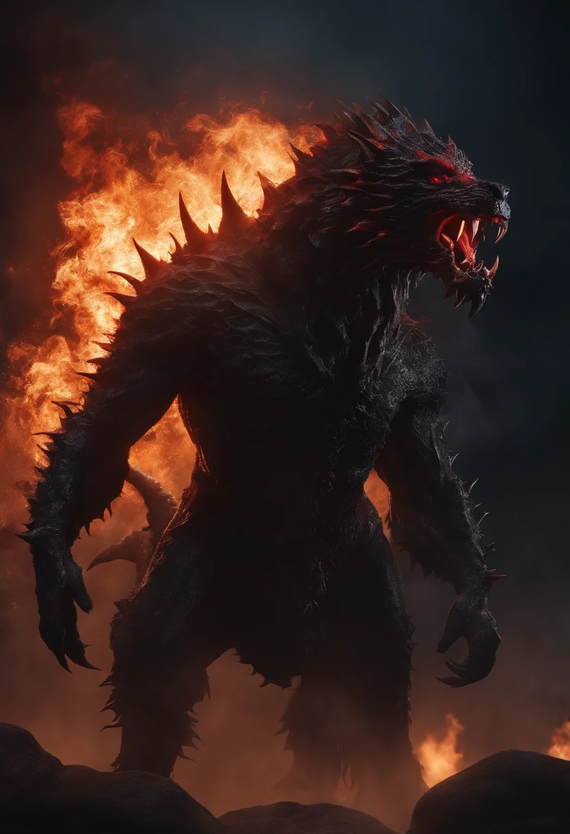Strange monsters in a fantasy world,Cerberus,Strong limbs,Covered in flames,Blood,Covered with thick spikes,Moon Night,中景 the scene is,Full body like, highly detailed surreal vfx,oc rendered,Shot with 70 mm - AR 16:9 --q 2 --s 1000