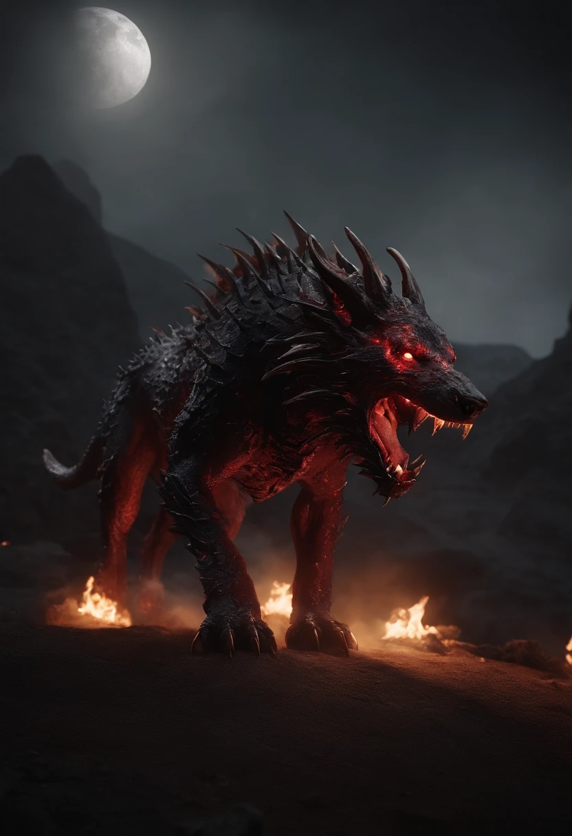 Strange monsters in a fantasy world,Cerberus,Strong limbs,Covered in flames,Blood,Covered with thick spikes,Moon Night,中景 the scene is,Full body like, highly detailed surreal vfx,oc rendered,Shot with 70 mm - AR 16:9 --q 2 --s 1000