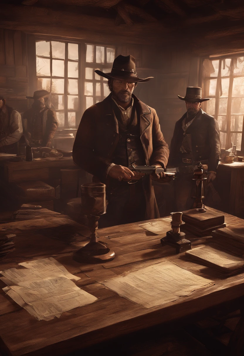 (best quality,4k,8k,highres,masterpiece:1.2),ultra-detailed,(realistic,photorealistic,photo-realistic:1.37),red dead redemption 2 artwork style,dark room,1899 western style,sheriff office,sheriff office decoration, 6 sheriffs standing in front of a table,sheriff hat,sheriff badge,wooden desk,oil painting texture,vintage atmosphere,vibrant colors,soft lighting,Wanted posters hanging on the wall,old wooden walls and floors,strong shadows,leather chairs,dusty air,aged artifacts,authentic costumes,cowboy boots,revolver holsters,jail cells in the background,old documents on the desk,authentic western rifles,antique furniture,sunlight streaming through the window,whiskey bottles on the table,handwritten letters,fireplace with a flickering flame,a painting of the wild west landscape in the background,6 men, 6 sheriffs standing