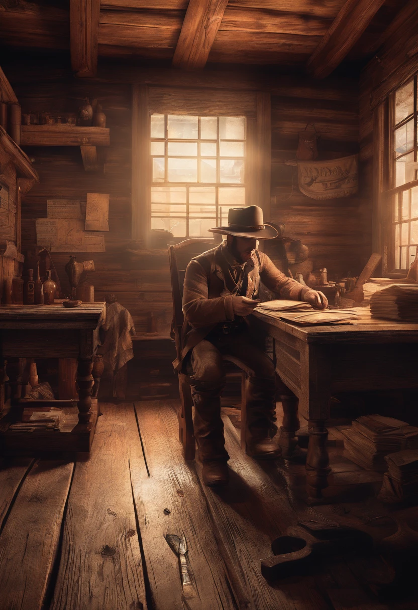 (best quality,4k,8k,highres,masterpiece:1.2),ultra-detailed,(realistic,photorealistic,photo-realistic:1.37),red dead redemption 2 artwork style,dark room,1899 western style,sheriff office,sheriff office decoration, 6 sheriffs standing in front of a table,sheriff hat,sheriff badge,wooden desk,oil painting texture,vintage atmosphere,vibrant colors,soft lighting,Wanted posters hanging on the wall,old wooden walls and floors,strong shadows,leather chairs,dusty air,aged artifacts,authentic costumes,cowboy boots,revolver holsters,jail cells in the background,old documents on the desk,authentic western rifles,antique furniture,sunlight streaming through the window,whiskey bottles on the table,handwritten letters,fireplace with a flickering flame,a painting of the wild west landscape in the background,6 men, 6 sheriffs standing