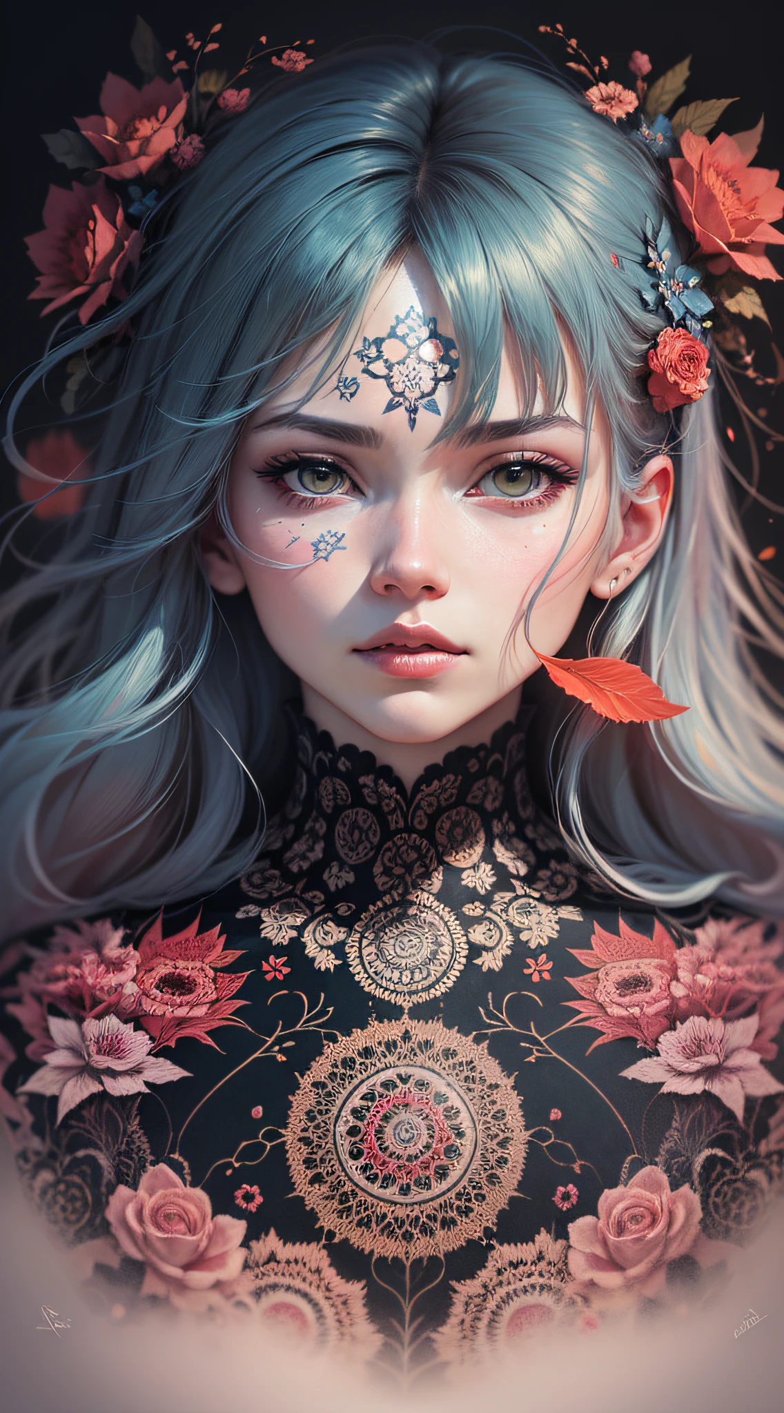 offcial art, Unity 8k wallpaper, Ultra detailed, Beautiful and aesthetic, Masterpiece, Best quality, (zentangle, mandalas, Tangled, entangle), (Fractal art:1.3) , 1girll, Red flowers, Extremely detailed, Dynamic Angle, cow boy shot, The most beautiful form of chaos, elegant, Fauvistdesign, vivd colour, romanticism lain, author:James Jean, roby dwi antono, ross tran, Francis Bacon, Michal Mraz, adrian ghenie, petra cortright, Gerhard Richter, Takato Yamamoto, Ashley Wood, Atmospheric
