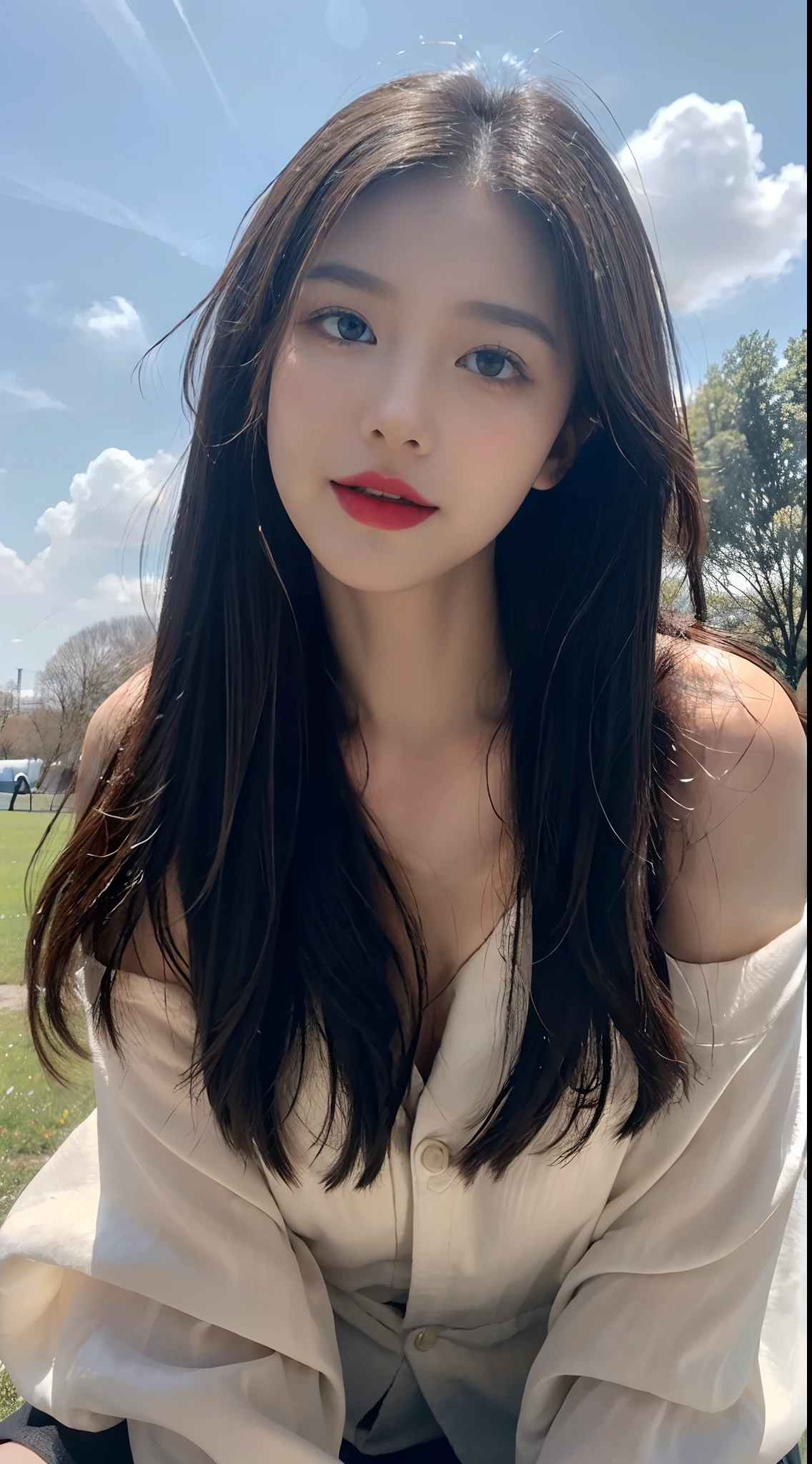 ((best qualtiy, 8K, tmasterpiece:1.3)), A pretty maiden，Pure，Melon seed face，gentle and cute，A sweet smile，Pure desire，Thin stature，(frontage)，(Tilt your head)，staring right into camera，uniform, Obi, formal，Black silky long, Straight hair，Long hair flowing over the shoulders，round black big eyes，Clear big eyes，Hydrated red lips，Sweet，Sit on the，with blue sky and white clouds，Blue skies，grassy fields，