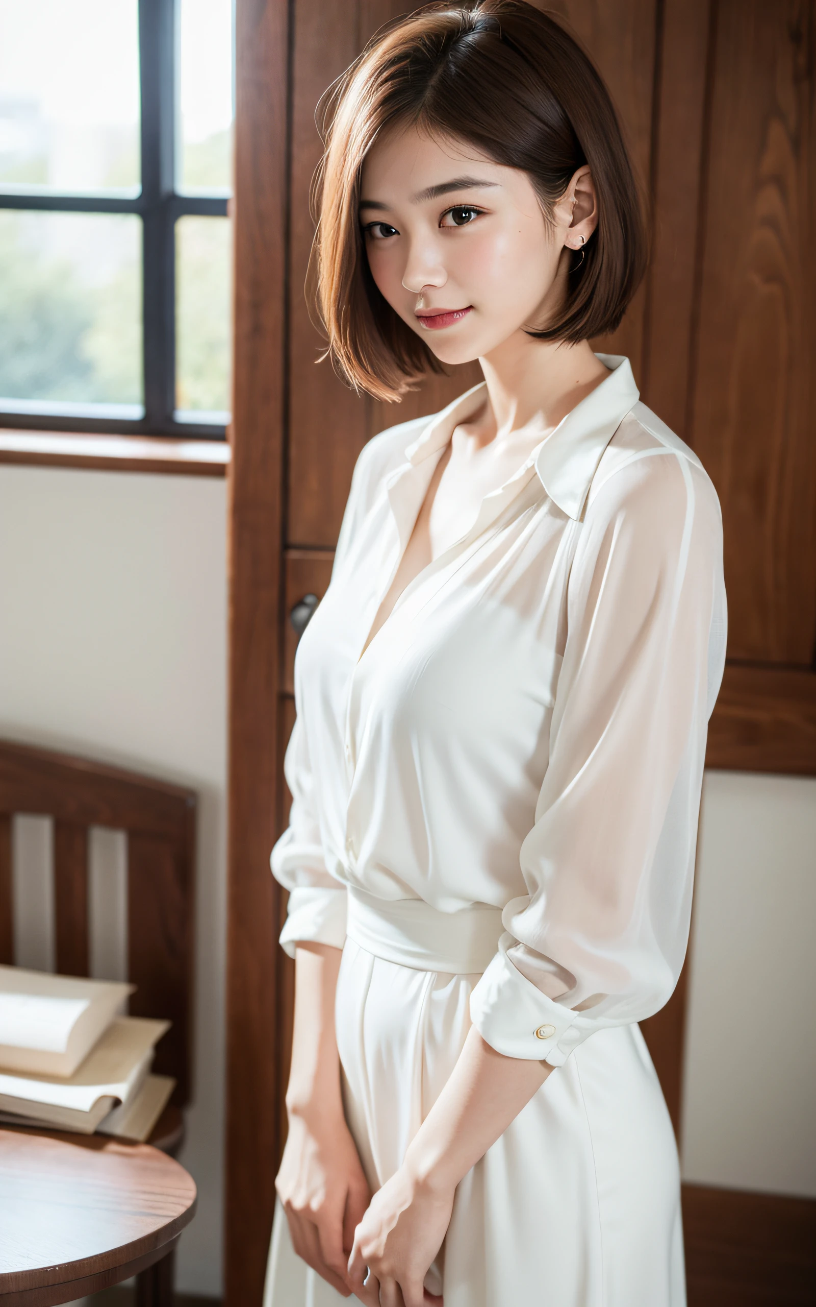 masterpiece, Best Quality, 8K, 1girl, 16 yo, Large breasts, Raw photo, Professional Photography, Portrait, Soft light, Professional Lighting, Solo, Full body, Smile, Cute, Girly, Goddess, Delicate girl, Neat and clean beauty, Digital SLR, Looking away, Candid, Sophisticated, Film grain, (Eyes and faces with detailed:1.0), short hair, Silk Blouse, living room,